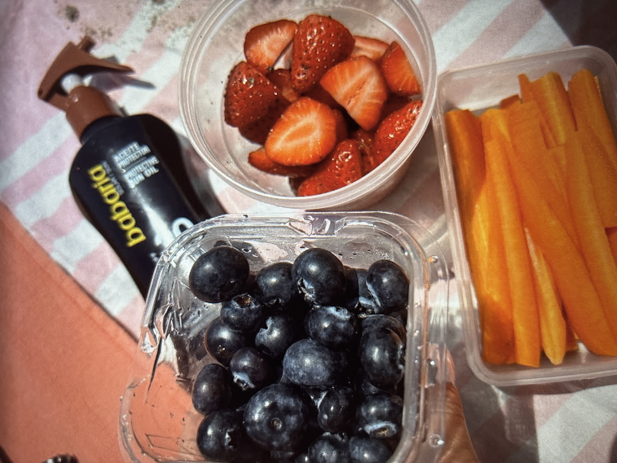 The image shows a close-up overhead view of three plastic containers filled with food items and a bottle of sunscreen. The containers hold blueberries, sliced strawberries, and carrot sticks. The sunscreen bottle, which appears to be brown and black with yellow lettering, is lying on its side behind the containers. The items are arranged on a surface with a pink and white striped pattern, possibly a towel or tablecloth. The scene is brightly lit, suggesting it might be outdoors or near a window. There is no indication of the location in the city of Sofia, Bulgaria, or any specific actions or interactions occurring.