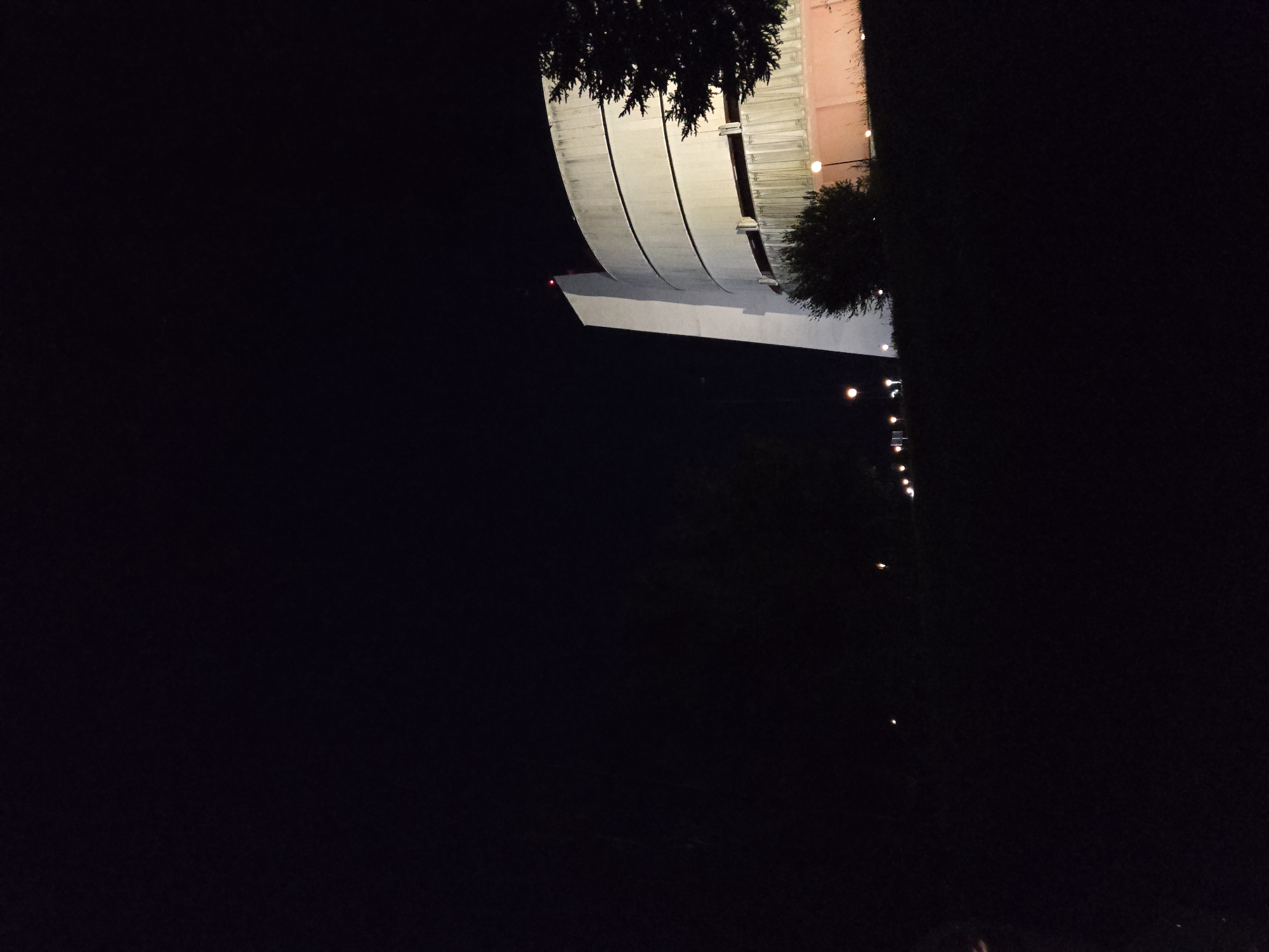 The image, taken at night, shows a portion of the Pleven Panorama in Pleven, Bulgaria. The monument's curved, white facade is visible in the upper right of the frame, illuminated by artificial lights. Above the monument, branches from trees obscure the view. Below the facade, a series of lights descend into the darkness, likely along a path or walkway. The majority of the image is a dark expanse, suggesting the surrounding environment is unlit.