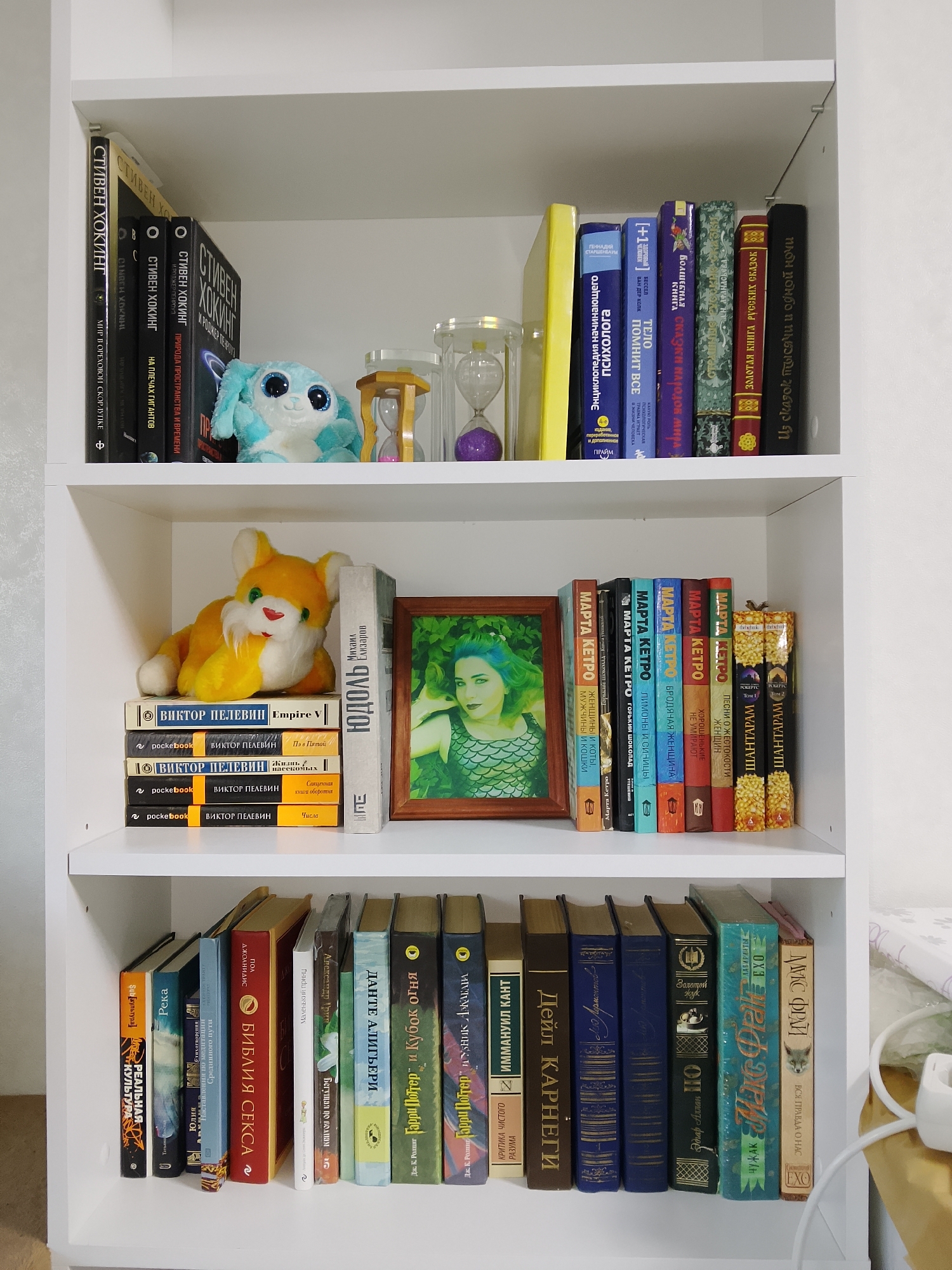 This image depicts a white bookshelf with three shelves filled with books and various objects. The books have titles in Russian, and some English. Authors include Stephen Hawking, Viktor Pelevin, Dante Alighieri, Дейл Карнеги, and Марта Кетро. Other objects on the shelves include a blue plush toy rabbit on the top shelf, a yellow plush cat on the middle shelf, a framed photograph of a woman with green hair, and hourglasses.