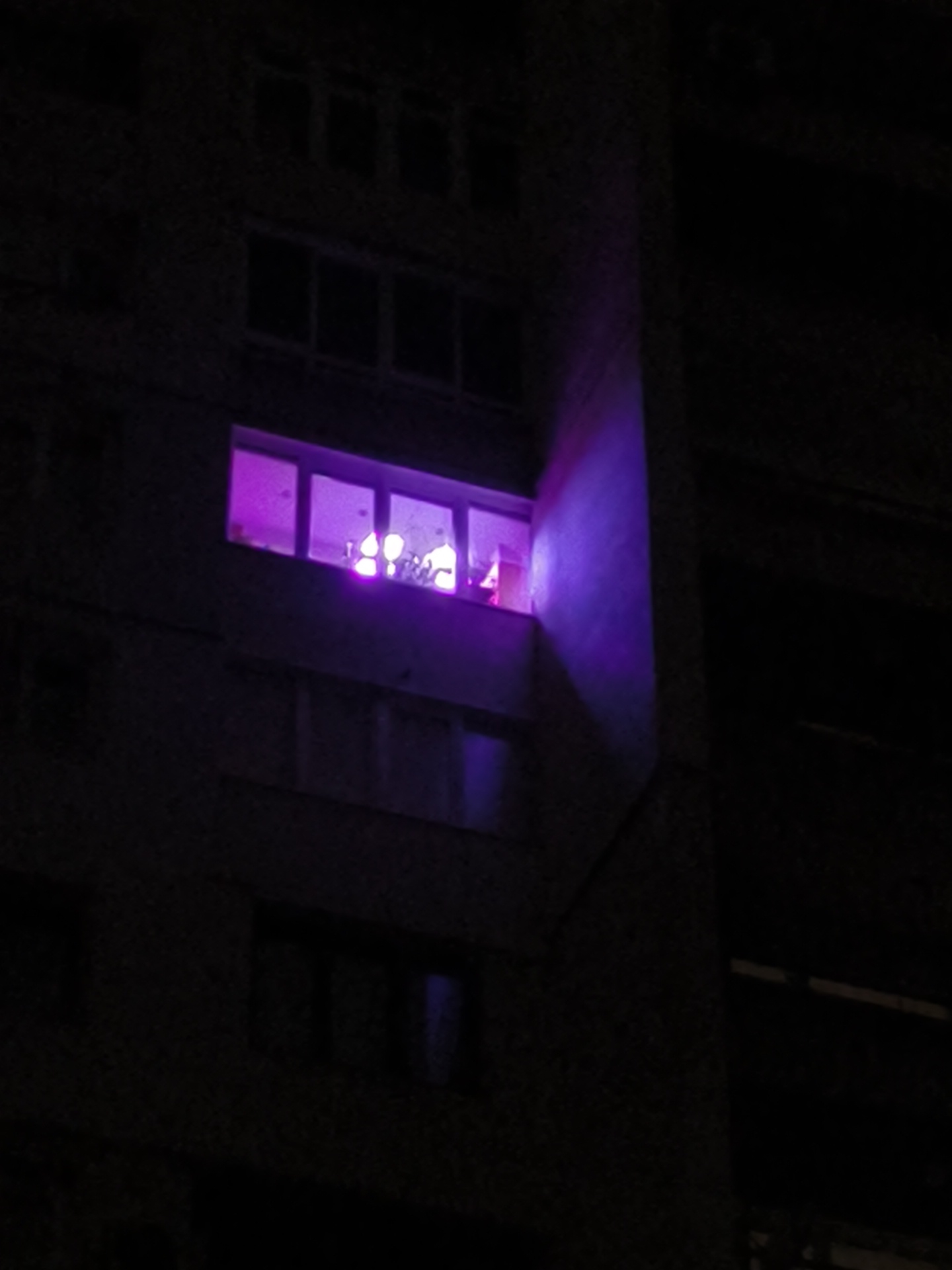 A dark, vertical shot features a building with one window illuminated in bright purple light. The window is located towards the upper portion of the image, and its purple light spills onto the adjacent wall. Inside the window, there are several opaque shapes, possibly objects or people, that are only silhouetted against the purple light. The rest of the building is dark, with only faint outlines of other windows visible. The location is Sofia, Bulgaria.