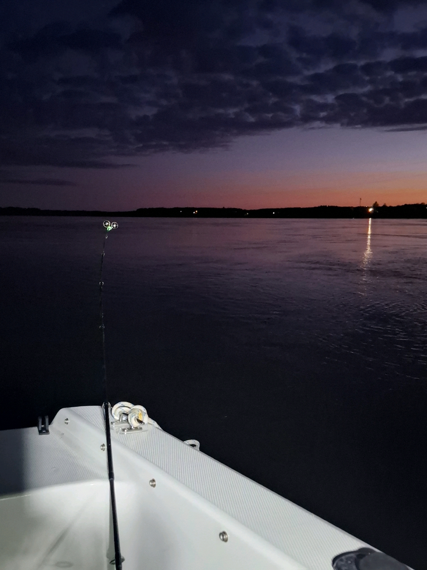 A fishing rod is planted in the bow of a white boat. The boat is on dark, calm water under a twilight sky. The sky is a deep purple with clouds, and a hint of orange is visible on the horizon. Distant lights can be seen along the dark shoreline. The image is likely taken in Bardagon, Russia, a city known for its tranquil waters and picturesque twilight views.