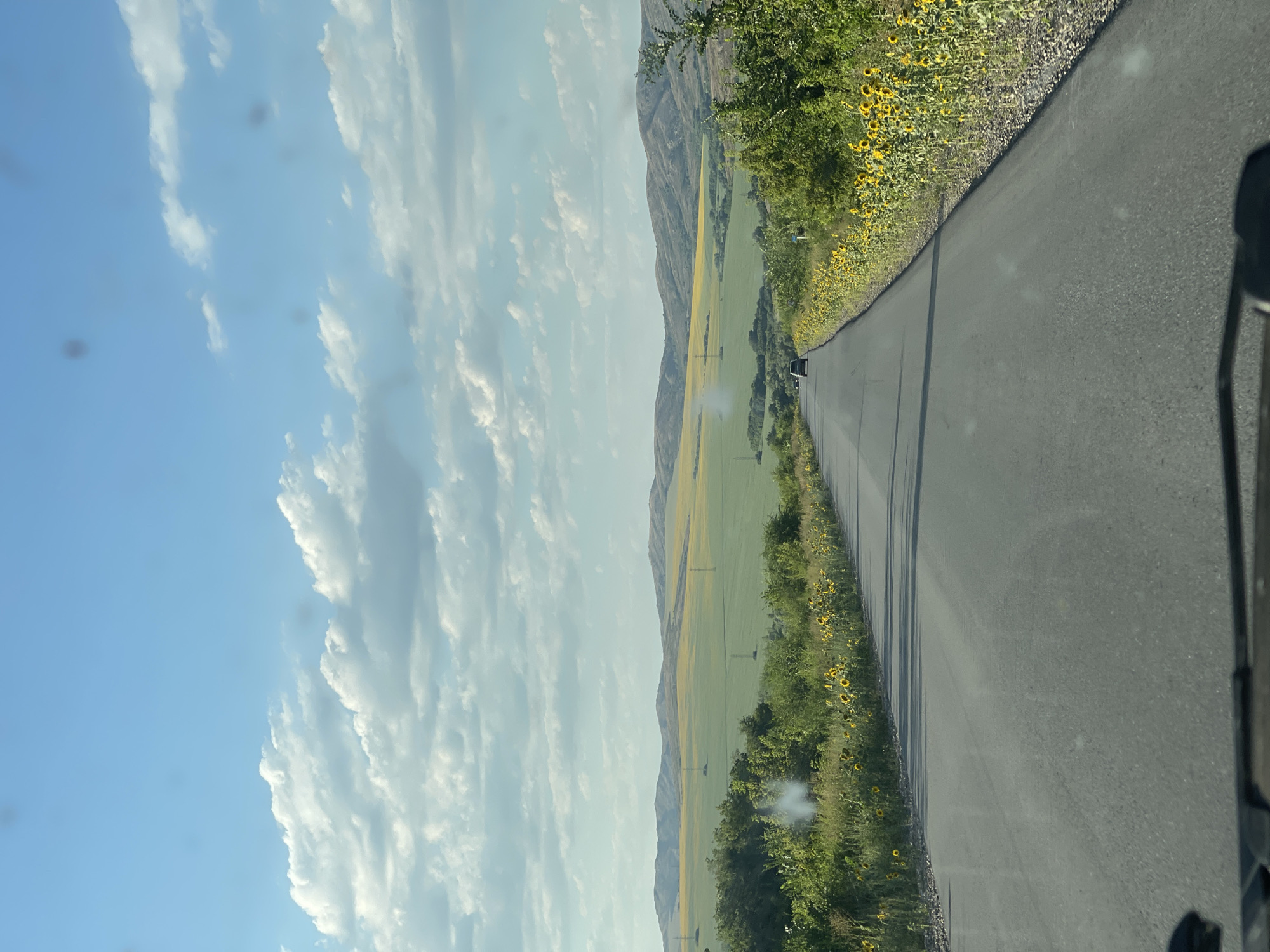 A view from a vehicle driving on a paved road towards rolling hills under a partly cloudy sky. The road is gray asphalt and lined with green vegetation and sunflowers on the right. In the distance, there are green and yellow fields with scattered utility poles. A dark-colored car is visible on the road ahead. The sky is blue with scattered white and gray clouds. The image appears to be taken in a rural area, possibly near the city of Progress, Kazakhstan, given the landscape.