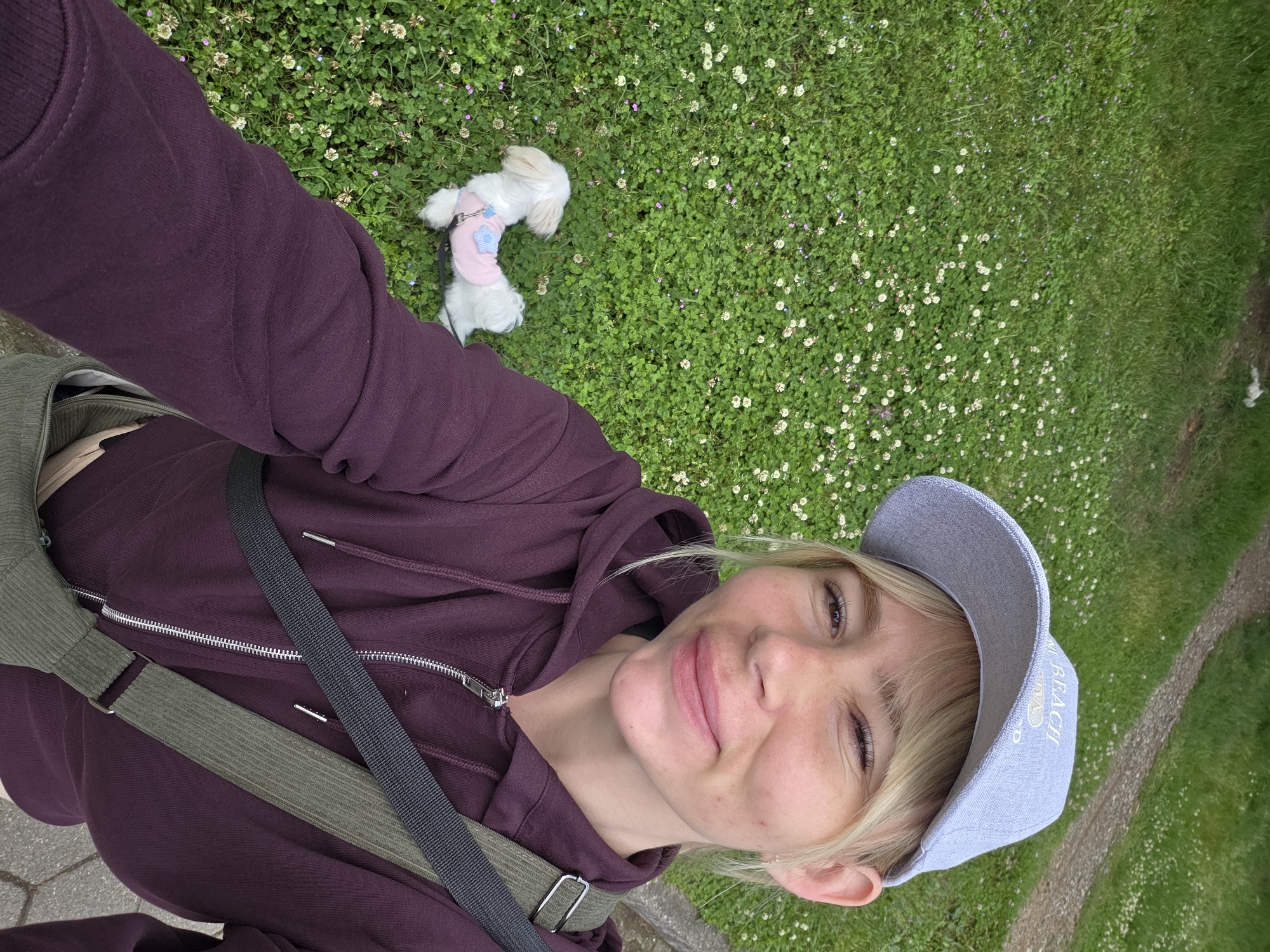 A fair-skinned person with blonde hair and wearing a gray baseball cap and a dark purple hooded sweatshirt is taking a selfie. The person has a gray bag with a strap across their body. In the background, there is a small white dog wearing a pink vest on a leash. The dog is on a lawn covered with clover. The location is likely a park near Batumi, Georgia, given the lush greenery and potential nearby urban areas. A narrow pathway is visible to the right of the scene.
