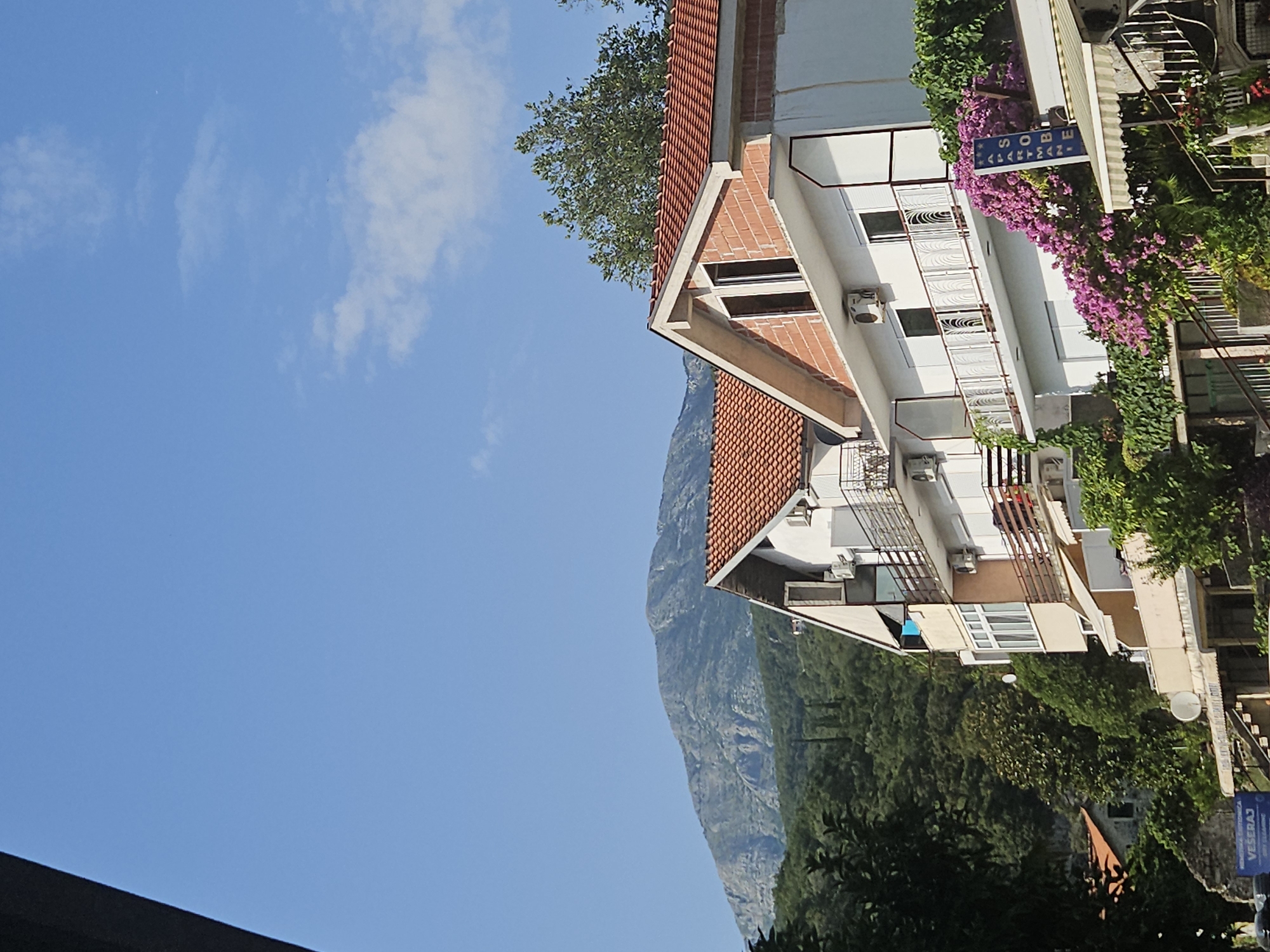 This is a vertical, outdoor, daytime photograph taken in Herceg Novi, Montenegro. The scene depicts a residential building with a terracotta tiled roof, partially obscured by lush green foliage. The building has multiple windows and balconies, with air conditioning units visible. Pink flowers are blooming profusely on a balcony, cascading down the side of the structure. A blue sign hangs on the building, with white lettering that appears to read "SOBE APARTMANI," indicating it is a room or apartment rental. In the background, a majestic mountain range with steep, rocky slopes rises above a dense forest. The sky is a clear, bright blue with a few wispy clouds. The overall impression is one of a sunny, pleasant day in a scenic, mountainous coastal town.