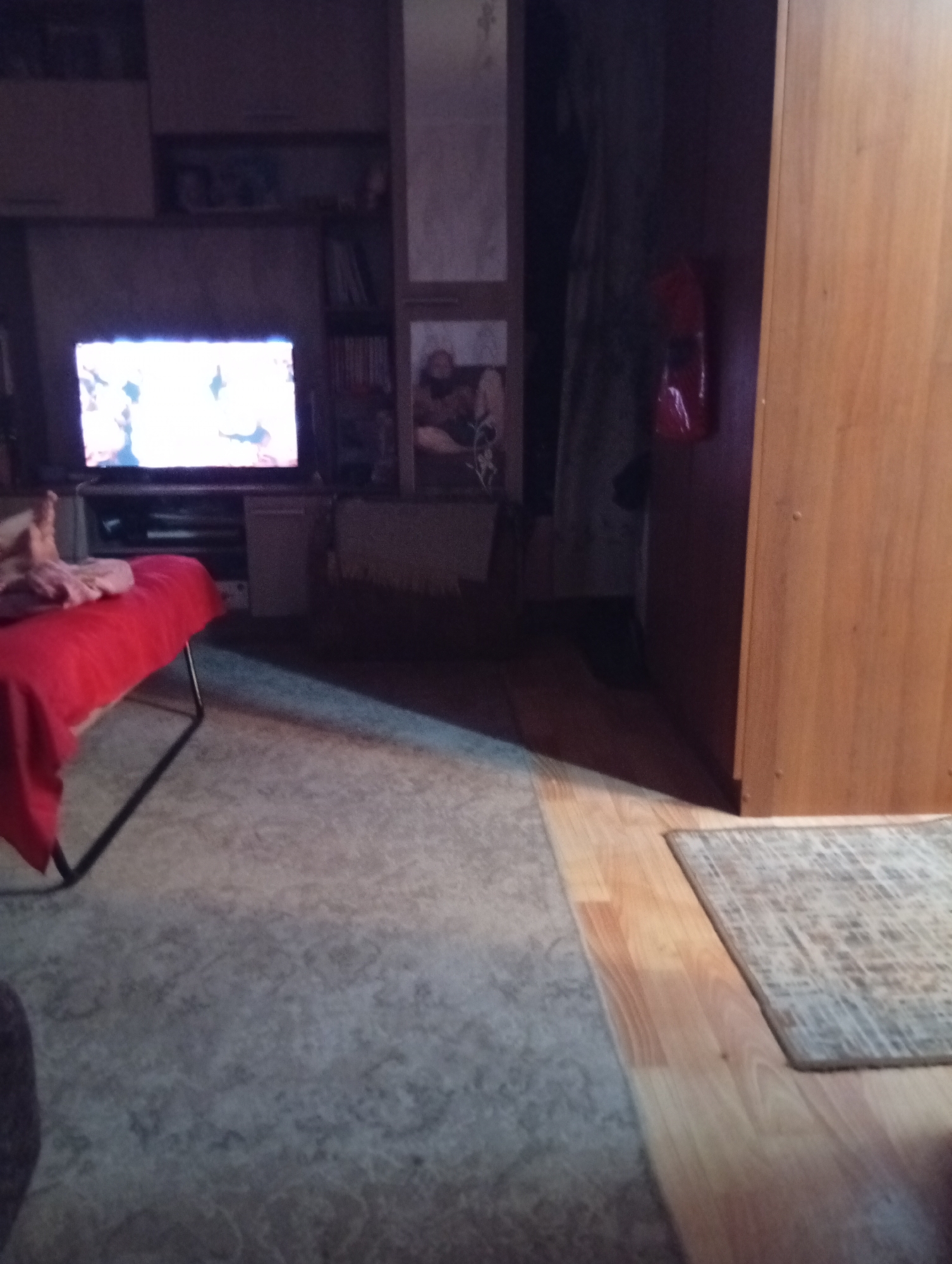 The image depicts an indoor scene, possibly a living room or bedroom, with low lighting. A television screen is illuminated with a bright, abstract image. To the left, a person's legs and feet are visible, resting on a red blanket draped over what appears to be a chaise lounge or a low bed. The floor is covered with two different rugs; one is a light gray with a speckled pattern, and the other is a lighter, wood-like laminate with a smaller, patterned rug placed on top of it. In the background, there are shelves with various items and a wooden wardrobe. The overall impression is of a dimly lit, lived-in space. No specific details or landmarks are visible in the image that would allow for a definitive identification of the location within Ruzaevka, Russia.