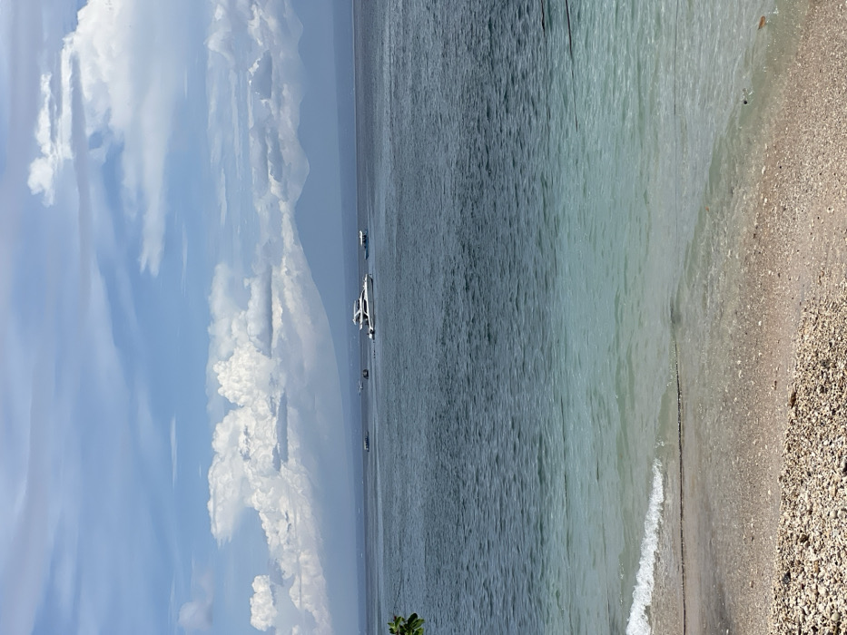 A sideways view of a tropical beach scene under a bright sky with puffy clouds. The ocean stretches to the horizon where mountains are faintly visible. Several boats are in the distance. The water transitions in color from dark blue to lighter turquoise near the shore. The beach is rocky with small pebbles. A small plant is visible at the very bottom edge of the image.