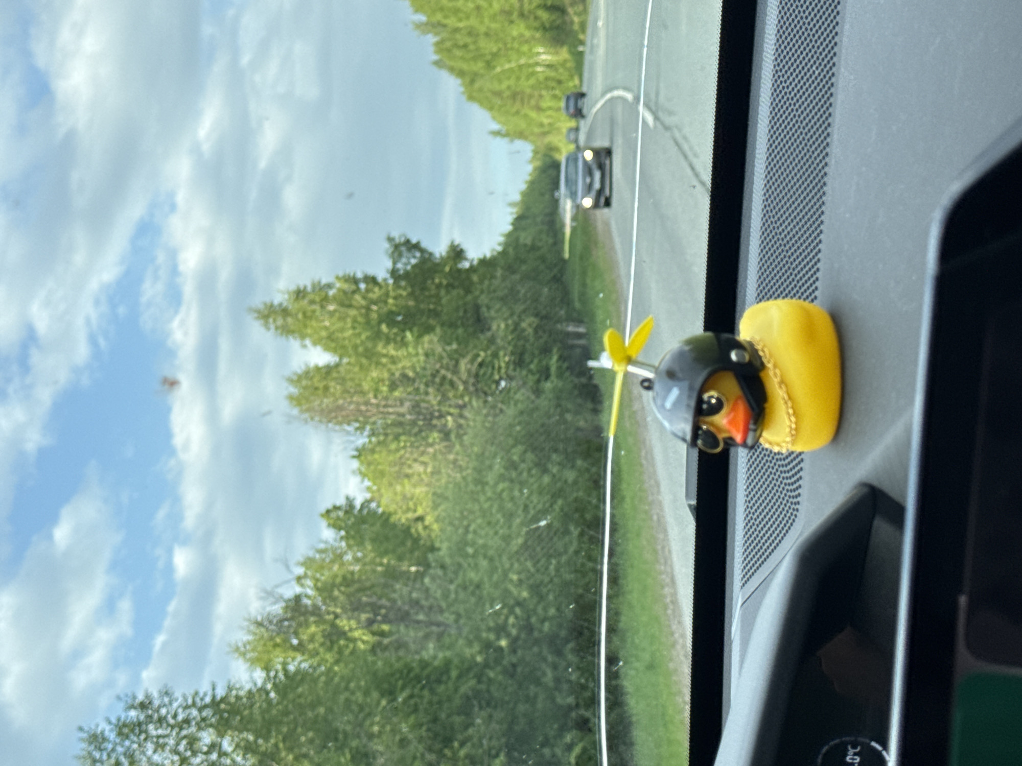 The image shows a view from inside a vehicle, looking out onto a road bordered by green trees. The sky is partly cloudy. On the dashboard, a yellow rubber duck wearing a black helmet with goggles and a gold chain sits near a speaker vent. There are cars visible on the road ahead. While I can identify that it is a view from a car, the location, Lesnoi, Russia, cannot be confirmed based on the provided image.