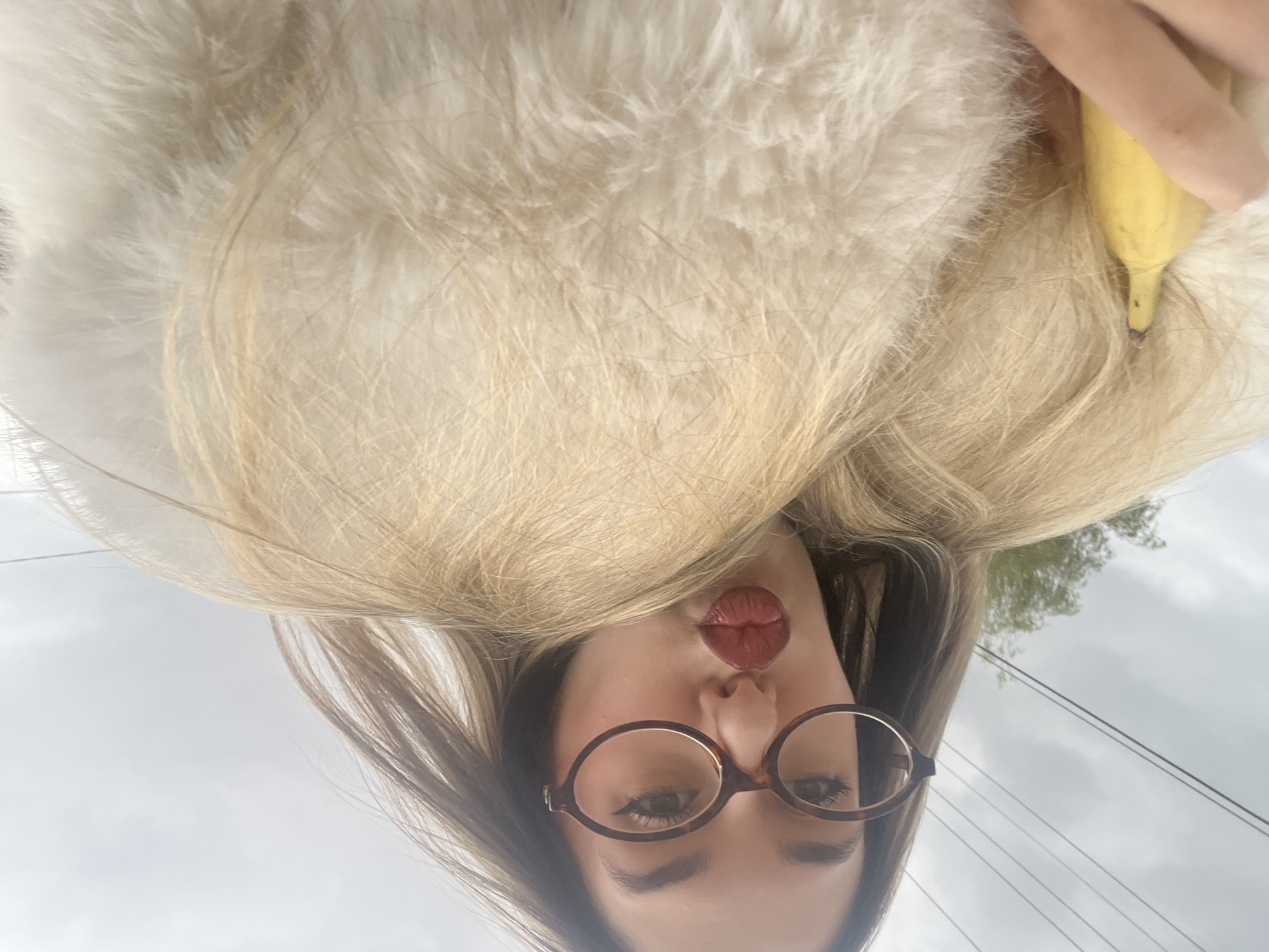 A young woman is captured in a playful outdoor photograph, with her face centered at the bottom of the frame (when oriented upright). She wears round, tortoise-shell patterned glasses and dark red lipstick, forming a "kissing" or "duck" face expression. Her long hair, which is blonde on top and transitions to a darker brown underneath, frames her face and extends upwards. Her right hand is visible holding a ripe yellow banana, partially concealed within her hair. A large amount of white, fluffy material, possibly fur or feathers, occupies the upper left portion of the image. The background features a grey, overcast sky, with distant green foliage from trees and multiple dark power lines stretching across the right side of the frame. The scene is set during the daytime. No text is visible.