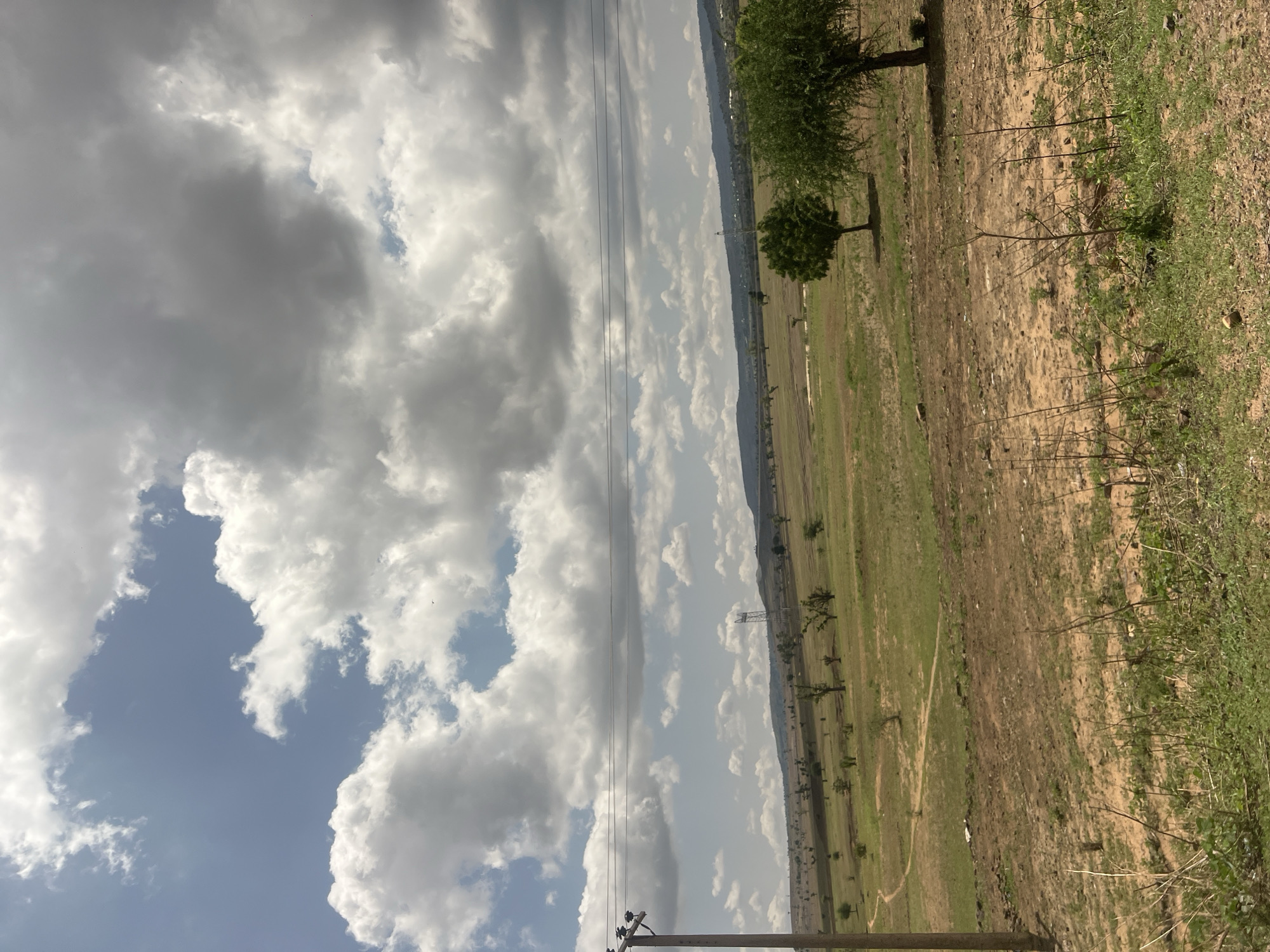 This image depicts an expansive, open landscape in Sabon Layi Jessu, Nigeria, under a sky with mixed weather conditions. The upper half of the frame is dominated by a dynamic sky featuring both patches of clear blue sky and numerous white to light grey cumulus clouds, with a concentration of denser, darker grey clouds towards the upper right.
The mid-ground reveals undulating, semi-arid terrain characterized by large swaths of reddish-brown earth, interspersed with areas of sparse green vegetation and dried grasses. Numerous scattered trees, many appearing thin or dormant, dot the landscape, leading to a hazy horizon line where distant hills or low mountains are visible. A tall, slender lattice-work structure, likely a transmission tower, stands prominently on the distant horizon, slightly left of the center. Faint structures, possibly buildings of a distant settlement, are discernible near the base of the hills on the right.
In the left foreground, a prominent wooden utility pole with multiple overhead power lines extends diagonally into the frame and horizontally across the upper mid-ground. Below this pole, a winding earthen path or track is visible, snaking across the dry ground. The immediate foreground consists of rugged, dry soil with some low-lying green weeds and bare-branched shrubbery. Towards the right foreground and mid-ground, two larger, healthy-looking trees with dense green foliage provide a contrast to the drier surroundings. No people or animals are visible in the scene, and there are no discernible actions or interactions occurring. The environment suggests a rural or peri-urban setting, likely experiencing a dry season or a period of limited rainfall.