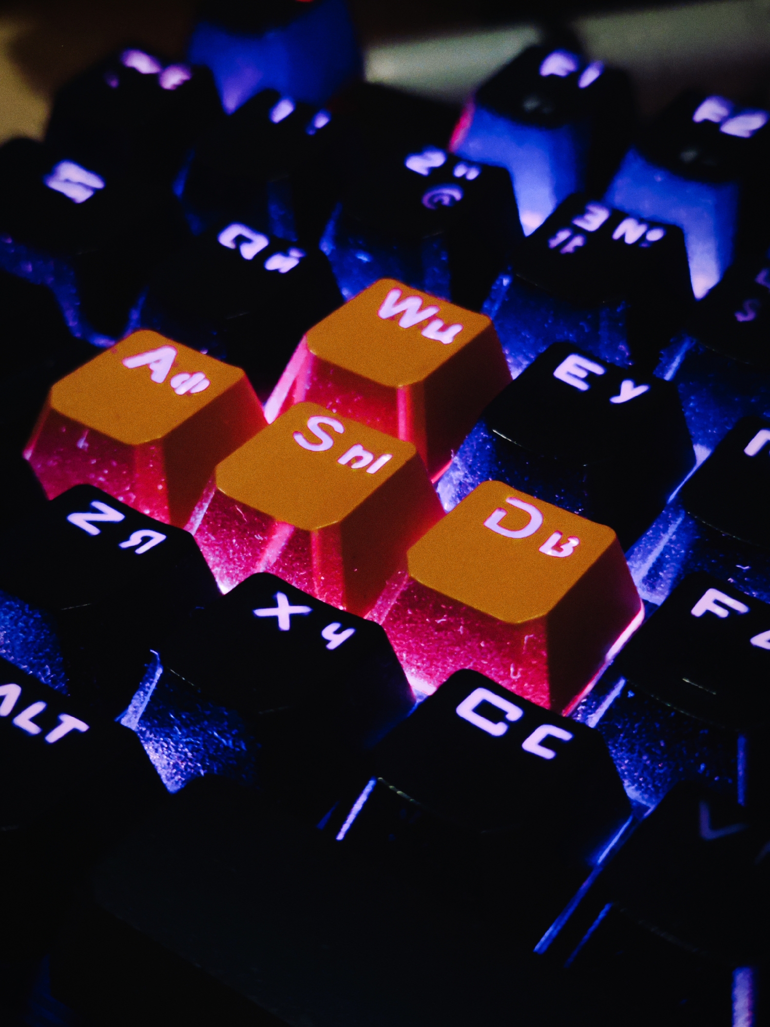 The image shows a close-up view of a mechanical keyboard. Several keycaps are black and illuminated with blue light, while four keycaps in the center are orange and illuminated with red light. The letters on the keycaps are in white. Some letters are visible, including "Wu," "Sn," "Db," "A," "Ey," "CC," "Alt," "F," and "Z". The environment is dark and details outside the keyboard are not discernible. The location of Budva, Montenegro, is not evident from the image.