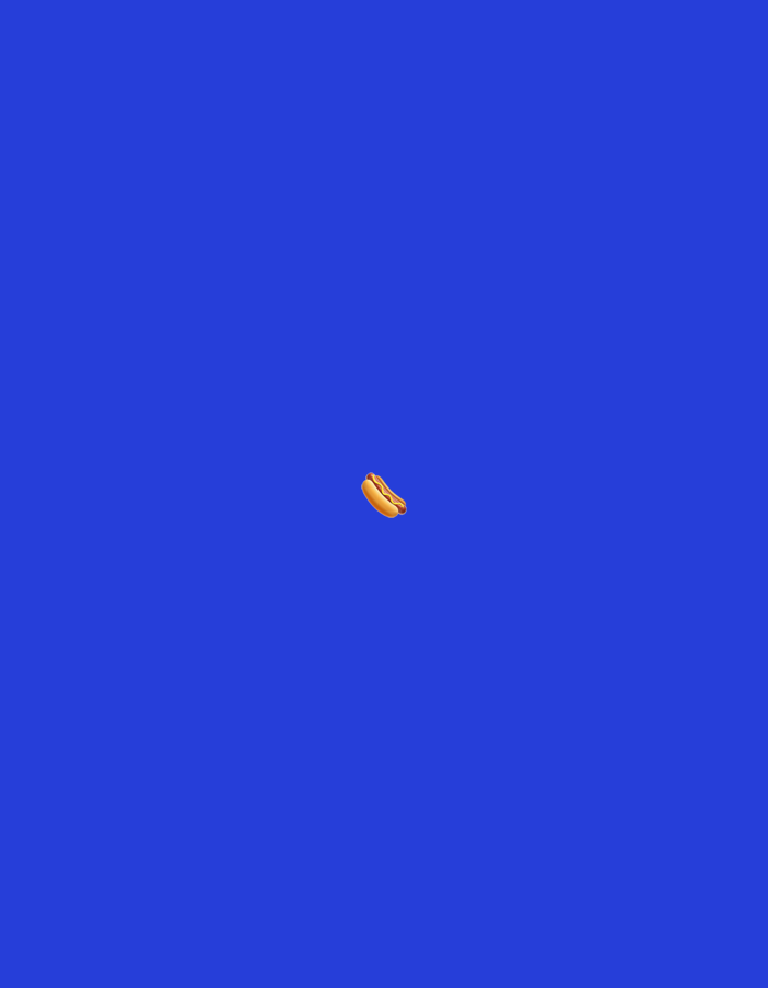 A single hot dog emoji is floating in the center of a solid royal blue background. There are no other objects or people visible in the image. The scene does not depict any location in Moscow, Russia.