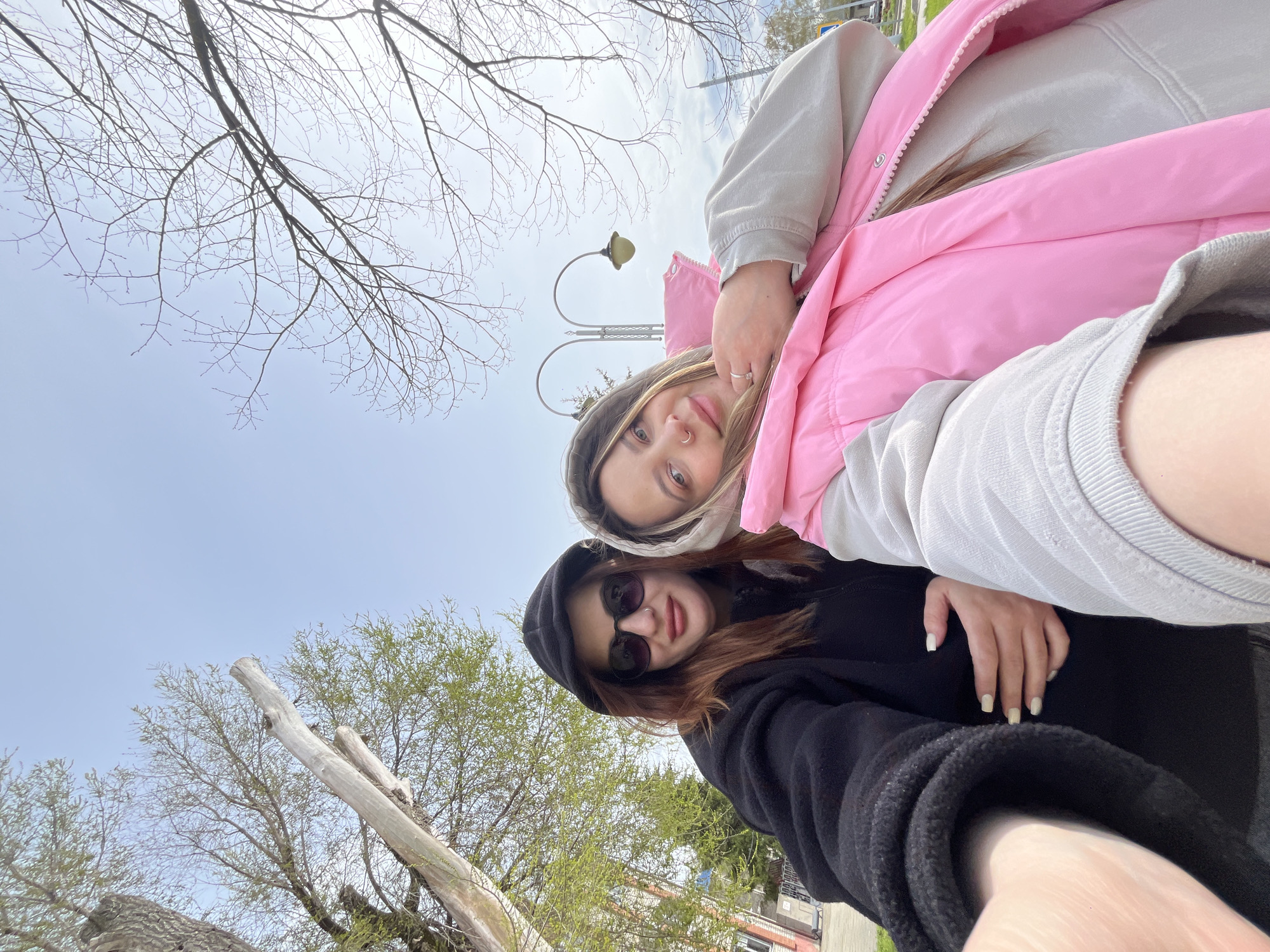 Two young women pose for a selfie outdoors under a partly cloudy sky. Bare tree branches are visible in the upper left corner. The woman at the top wears a light-grey hoodie and a pink vest. The woman below wears a black hoodie and sunglasses. The woman in the hoodie hugs the woman in the pink vest, and they are smiling. A streetlight is located in the background. The setting is Novopokrovskaya, Russia.