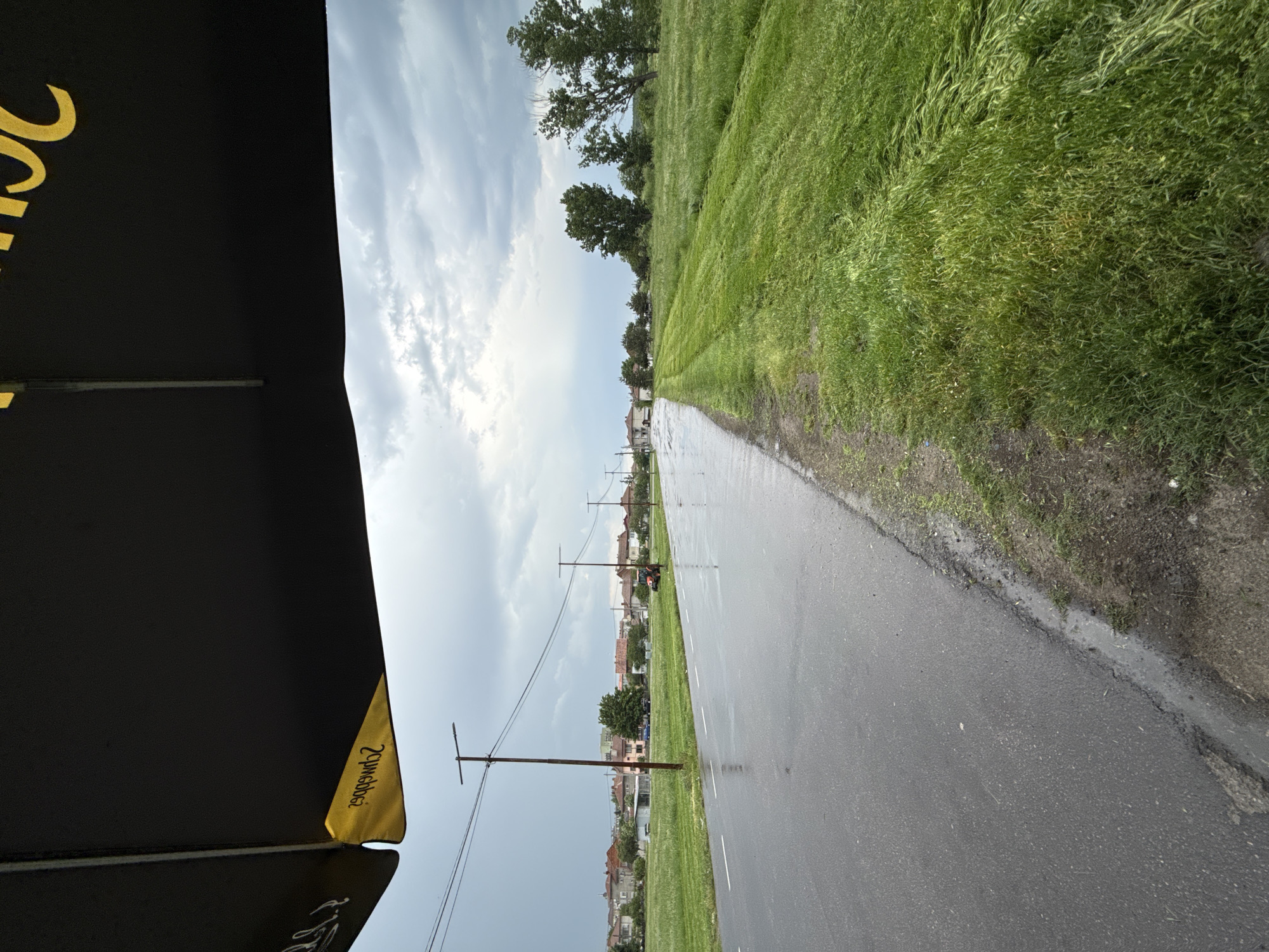 The photograph captures a wet asphalt road in Elhovo, Bulgaria, following what appears to be a recent rainfall. The road is bordered by green grassy areas on either side. Trees are visible along the roadside in the distance, interspersed with houses of the city. Utility poles carrying overhead wires run alongside the road, leading into the background. A portion of a black parasol with yellow print is visible on the left, obscuring part of the sky. The sky is overcast with a mix of clouds. The photograph depicts a quiet, unremarkable street scene within the town.