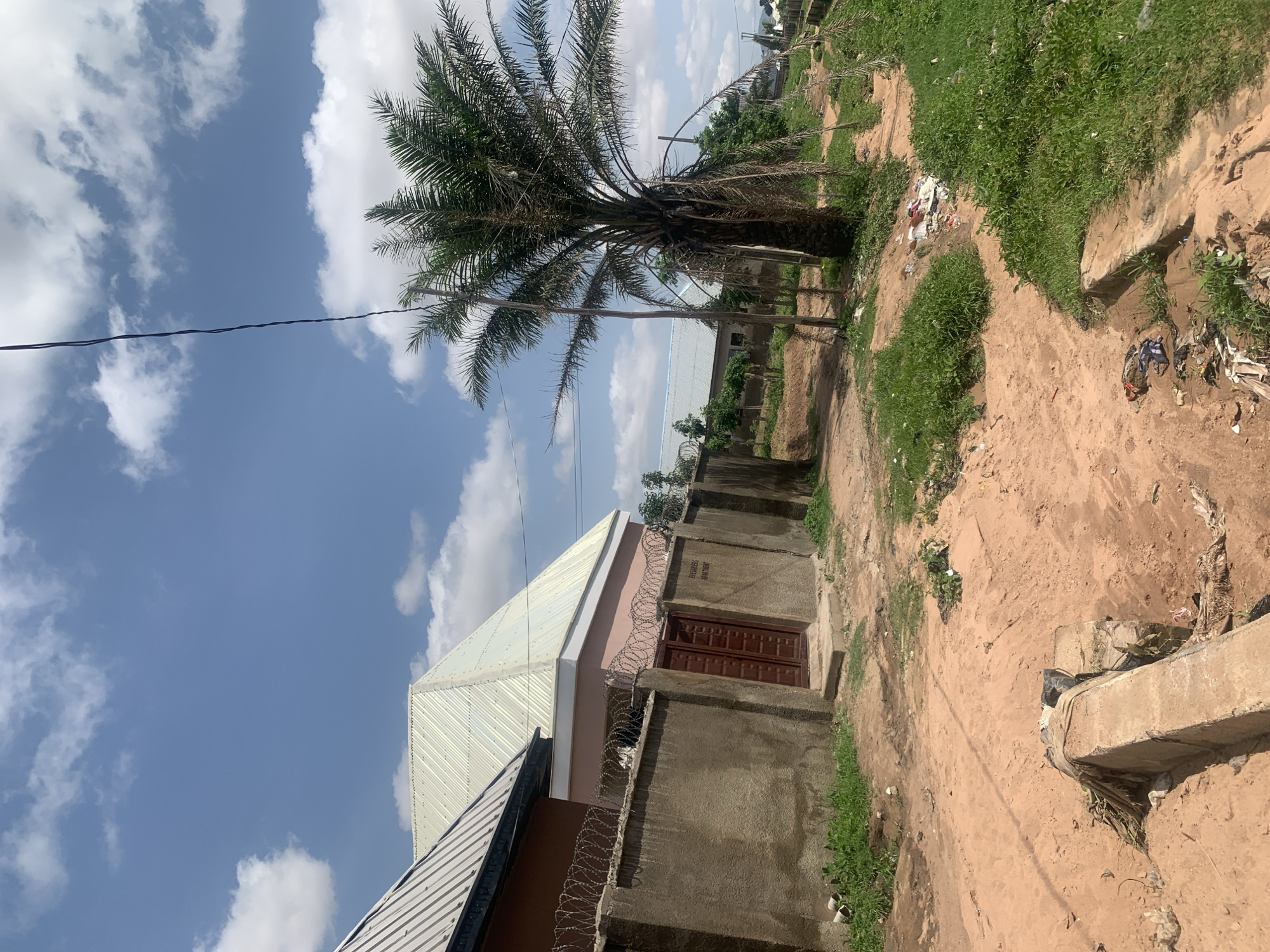In Jalingo, Nigeria, a dirt road runs alongside a concrete wall topped with barbed wire, marking the boundary of a property. The wall is painted a neutral color and has a double-door gate made of dark wood. Beyond the wall, a building with a prominent light-colored, pitched roof is visible. A tall palm tree stands to the right of the road, its fronds casting shadows. The ground is sandy and uneven, with patches of green grass growing alongside the road and on the property. Scattered debris, including plastic bags and other refuse, litters the ground in several areas. The sky above is a clear blue with scattered white clouds. The scene appears to be a residential or semi-residential area.