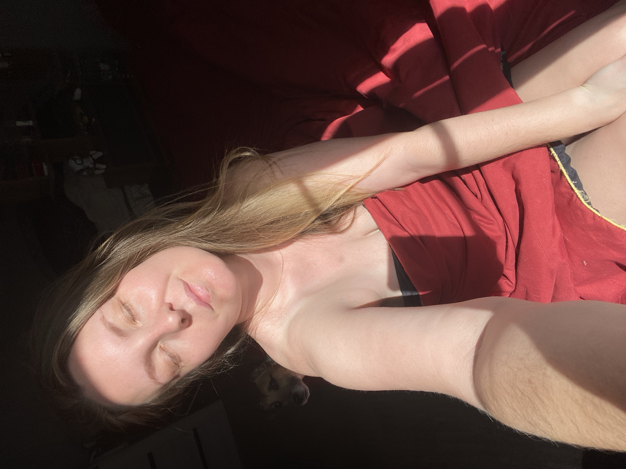 A woman with closed eyes lies on a red fabric surface, likely a bed, in a room with dark areas, potentially due to shadows. Light falls across her face and arm. Her hair is light brown, fading into blonde towards the ends. She wears a red garment. Part of black fabric with a yellow border is visible, likely clothing, near her waist. A small dog is partly visible in a dark area next to her. In the distant dark area, some indistinct objects are vaguely visible, including an unidentified white object. The location is not discernible from the image.