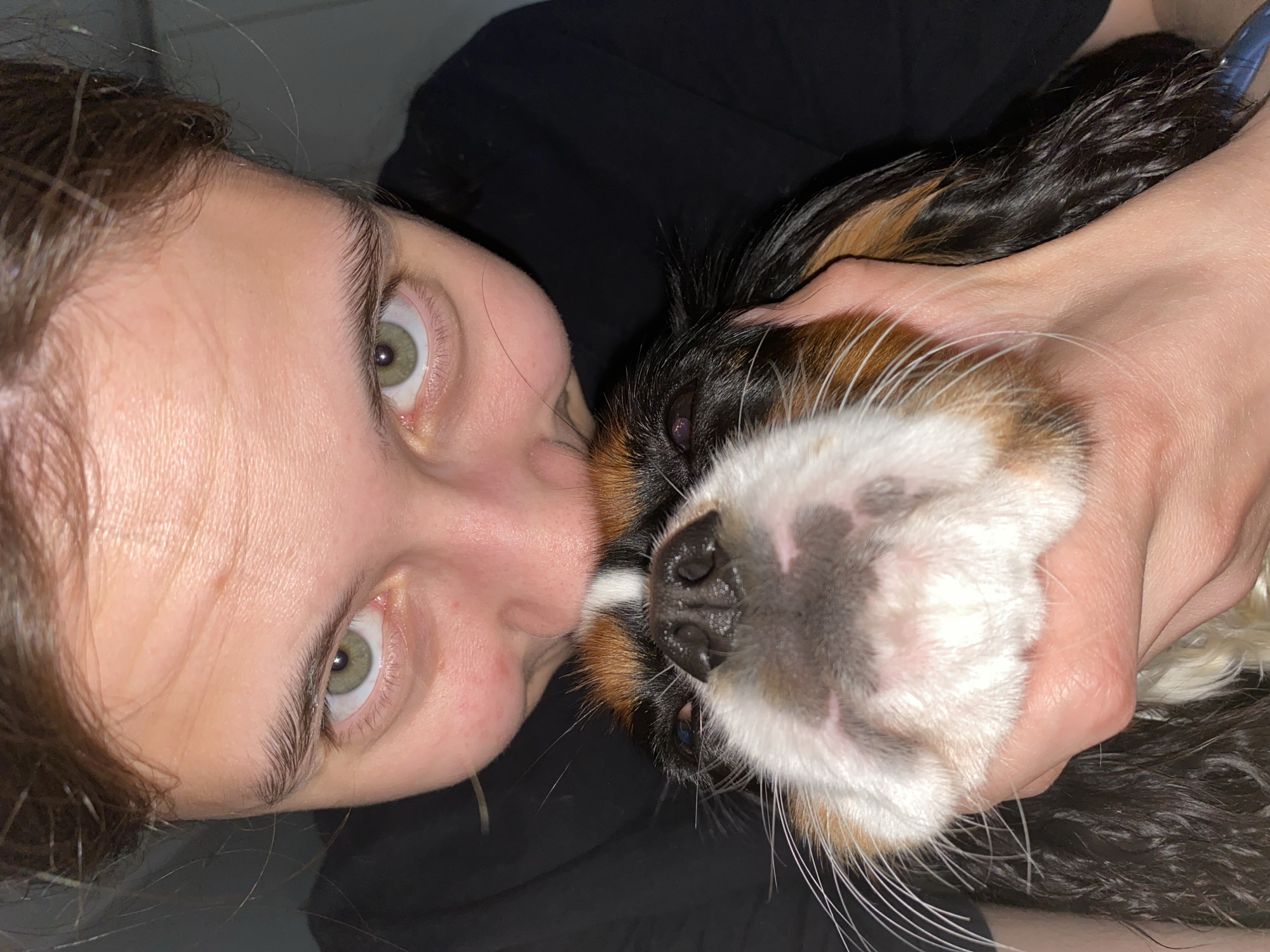 The image shows a close-up, angled view of a person and a dog. The person has fair skin, brown hair, and green eyes. They are wearing a black shirt. The dog appears to be a Cavalier King Charles Spaniel with black, tan, and white fur. Its nose and part of its face are visible, as well as its ears and fur. The person's hand is holding the dog, and their faces are close together, suggesting an affectionate interaction. The lighting suggests the photo was taken indoors, possibly in the evening or in a dimly lit room. There are no visible text elements in the image. The overall emotion conveyed is warmth and connection between the person and the animal. No specific location cues are discernible within the image itself, beyond the general context of an indoor setting.