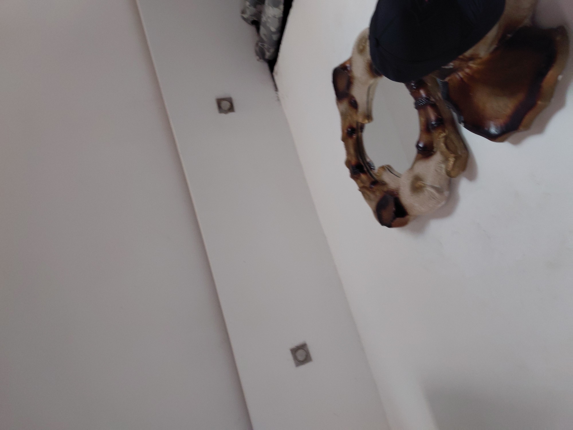 The image presents an interior scene, captured from an upward or angled perspective. Dominating the right side is a decorative mirror or frame with an organic, irregular shape, reminiscent of a large seashell or gnarled wood. Its surface displays varied tones of brown, beige, and darker, burnished accents, giving it a rich, naturalistic appearance. A black object, possibly a cap or part of an outfit, is visible resting on or near the top edge of this decorative piece.
The background primarily consists of plain white walls or a ceiling. Two square-shaped recessed light fixtures are embedded in the white surface on the left side of the frame, indicating an indoor environment. A small section of patterned fabric, possibly camouflage, can be seen in the upper left corner, suggesting the presence of other items or furniture in the room.
No people are visible, and no specific activity or event is taking place; the image captures a static view of the room's decor and fixtures. There is no discernible text within the frame. The scene is located in Santa Ana, Venezuela.