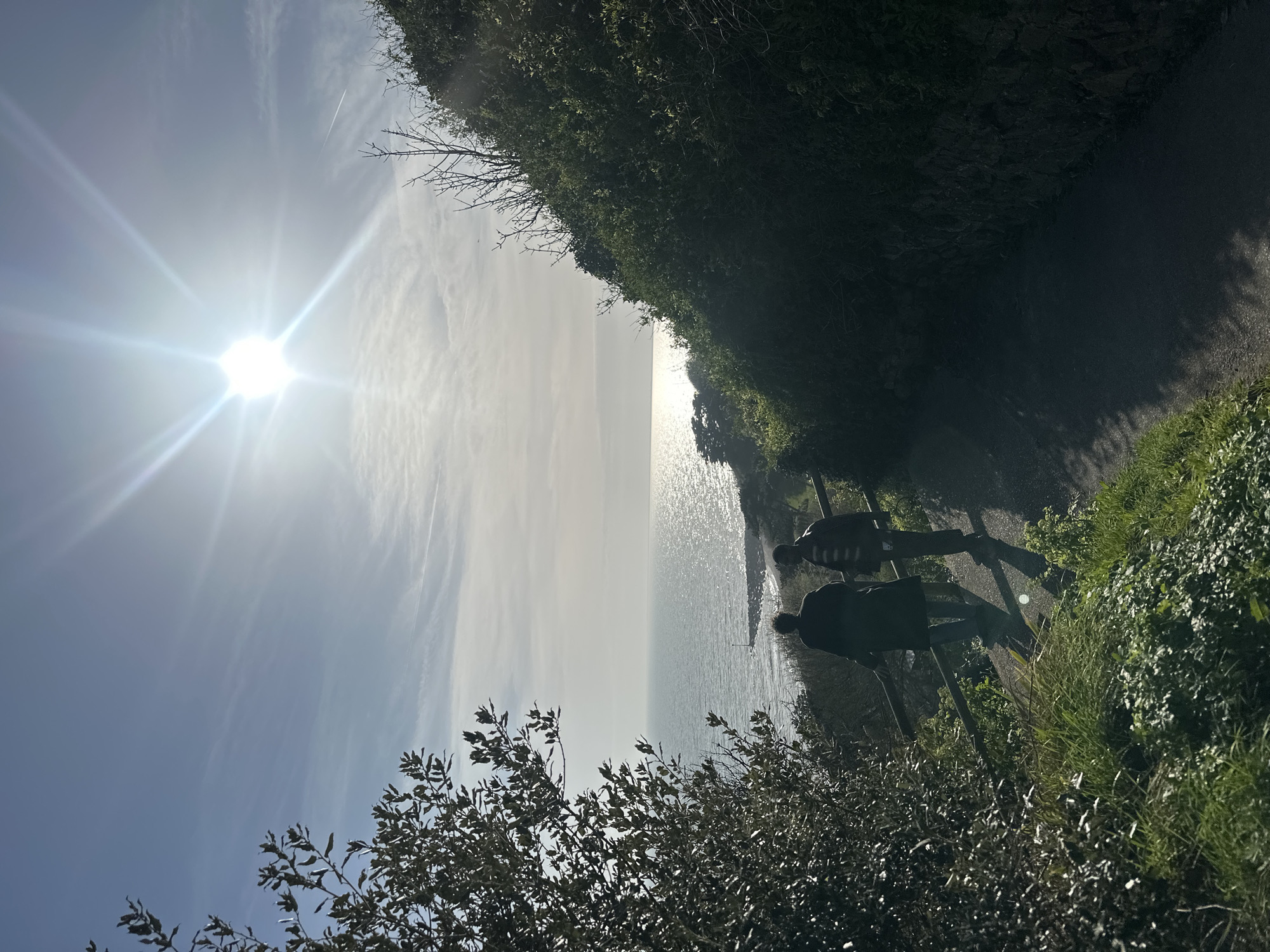This photograph depicts a sunlit coastal path, likely in the Folkestone and Hythe District, United Kingdom. The sun is positioned high in the sky, creating a bright glare and casting strong shadows. The path runs along the edge of the sea. Two figures stand on the path. Dense green foliage lines the path on both sides. The sea reflects the sunlight, creating a shimmering effect. A bush is in the lower left corner.