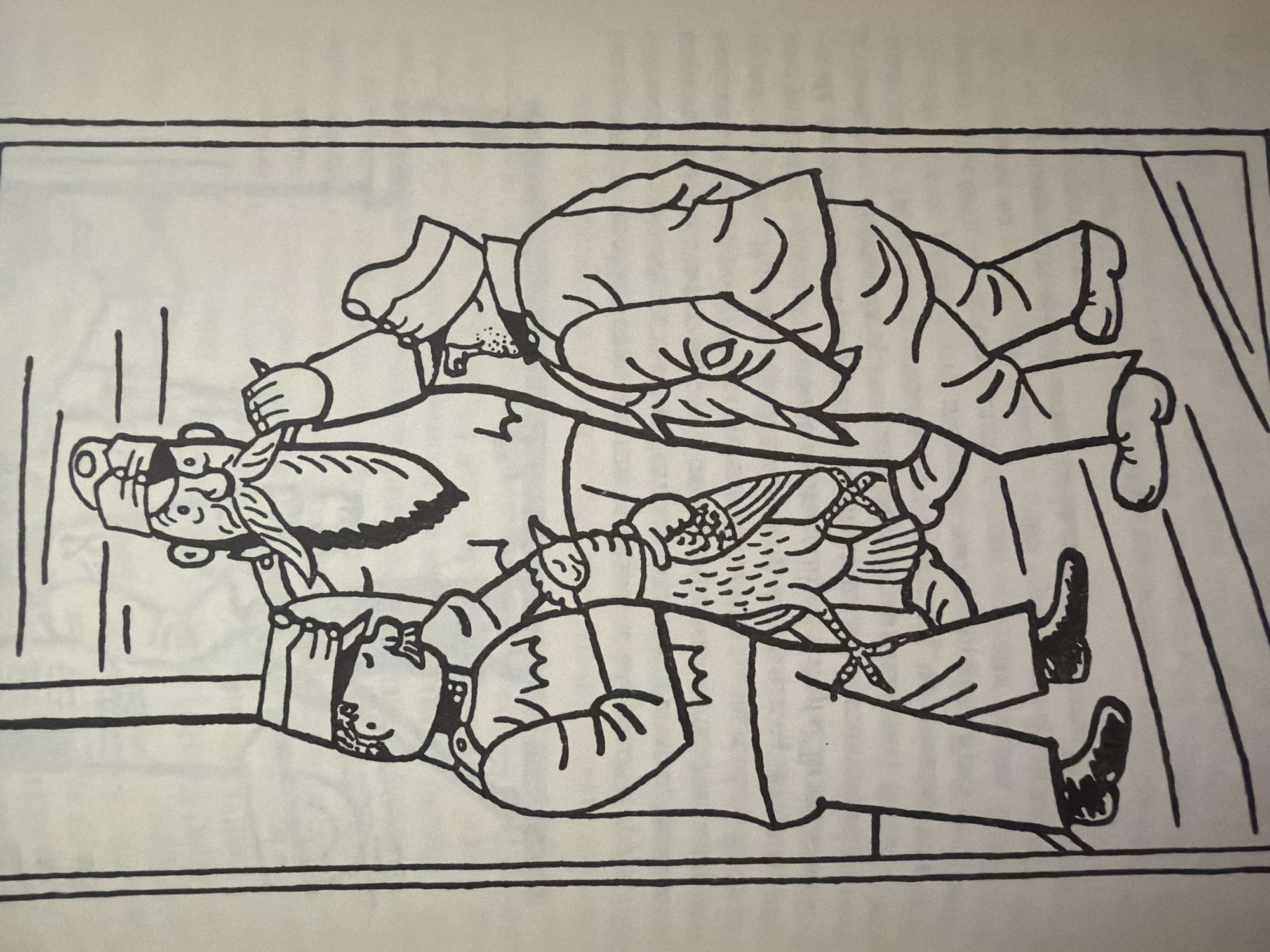 The black and white line drawing depicts three cartoonish figures and a bird within a framed scene. The central figure is a tall man with a prominent beard, wearing a cap and holding a thin object, possibly a pen or a cigarette, to his mouth. To his left, a man in a uniform with a cap stands with his arms crossed, holding a bird. To the right of the central figure, another man in a uniform with a cap is depicted from the back, facing away from the viewer. The bird is held by its legs, which are tethered, and it has a detailed plumage. The figures are standing on a floor with parallel lines, suggesting a wooden surface, and there are horizontal lines above the central figure's head. The overall scene is simple and illustrative. The image does not contain any elements that suggest a specific location in the city of Pazardzhik, Bulgaria.