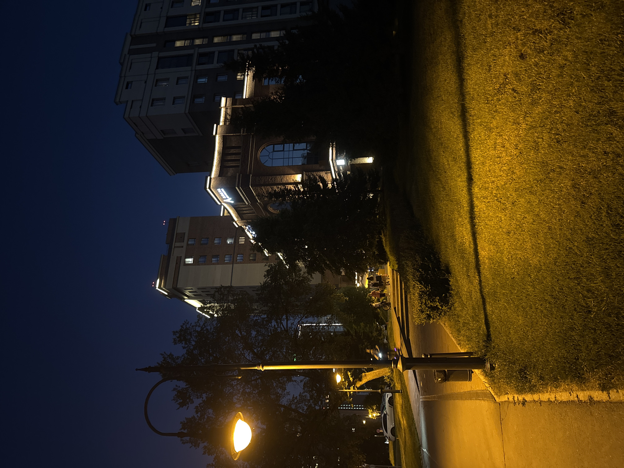 In Novosibirsk, Russia, at night, a well-lit pathway curves through a grassy area, leading towards modern buildings. A ornate lamppost with a glowing orange bulb stands prominently in the foreground, casting a warm light on the path and adjacent lawn. In the mid-ground, several people are walking or standing on the path, some on bicycles. Beyond them, a low-rise brick building with arched windows and illuminated signage sits to the left, with a taller, multi-story residential building in the background to the right, both featuring numerous illuminated windows. The sky is a deep, dark blue, with a few faint stars visible. The overall scene depicts a peaceful urban evening environment.