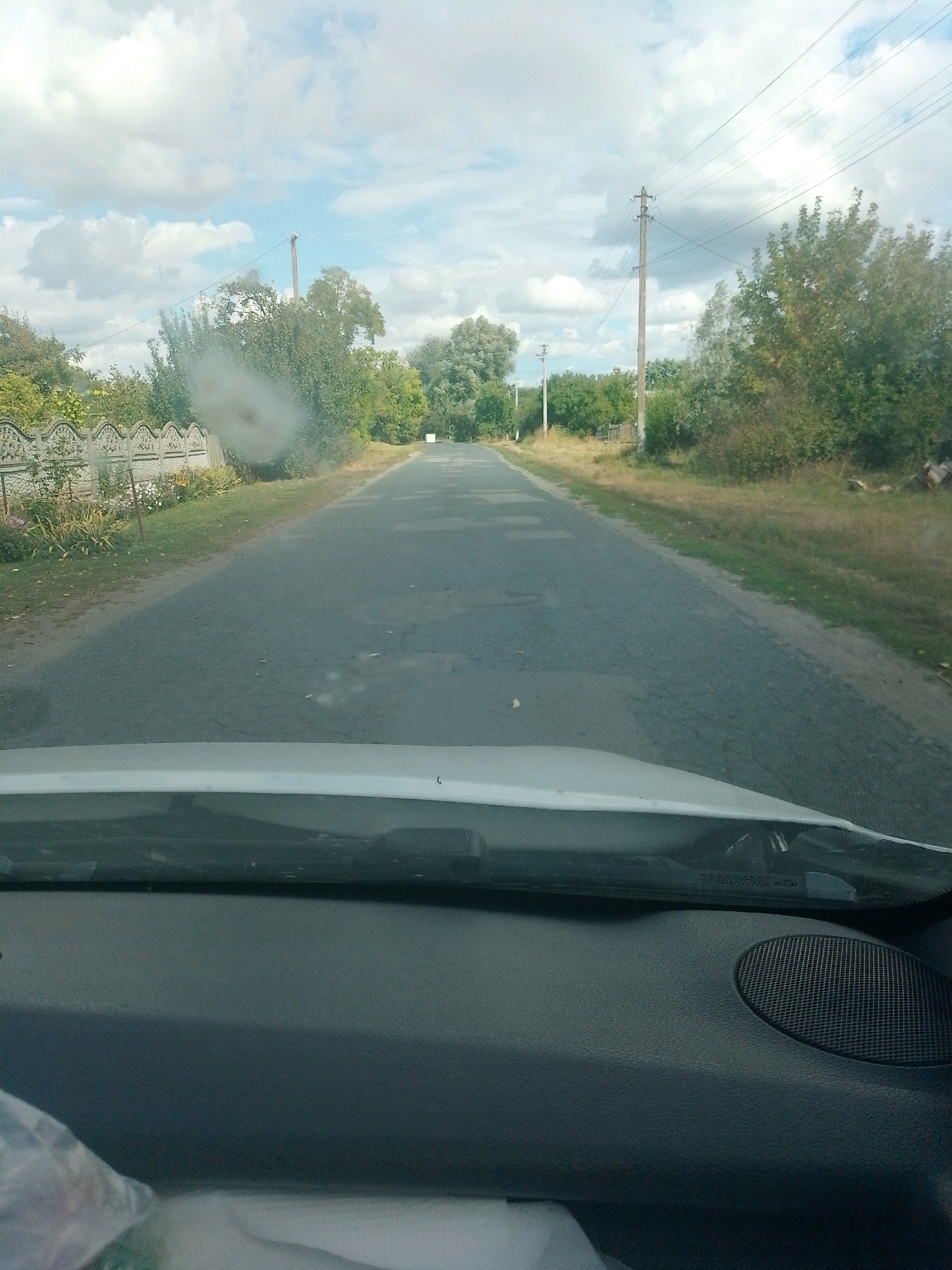 The image is a point-of-view shot from inside a vehicle, looking out through the windshield. A paved road stretches into the distance, flanked by grassy verges and trees on either side. In the foreground, the dashboard and part of the windshield are visible, with a speaker on the right side of the dashboard. A decorative concrete fence runs along the left side of the road, bordered by a strip of grass and some flowers. Power lines and utility poles are visible along the road. The sky is partly cloudy. The scene appears to be a rural or suburban area. It is not possible to determine the exact location in the city of Mali Sorochyntsi, Ukraine, from the image alone.
