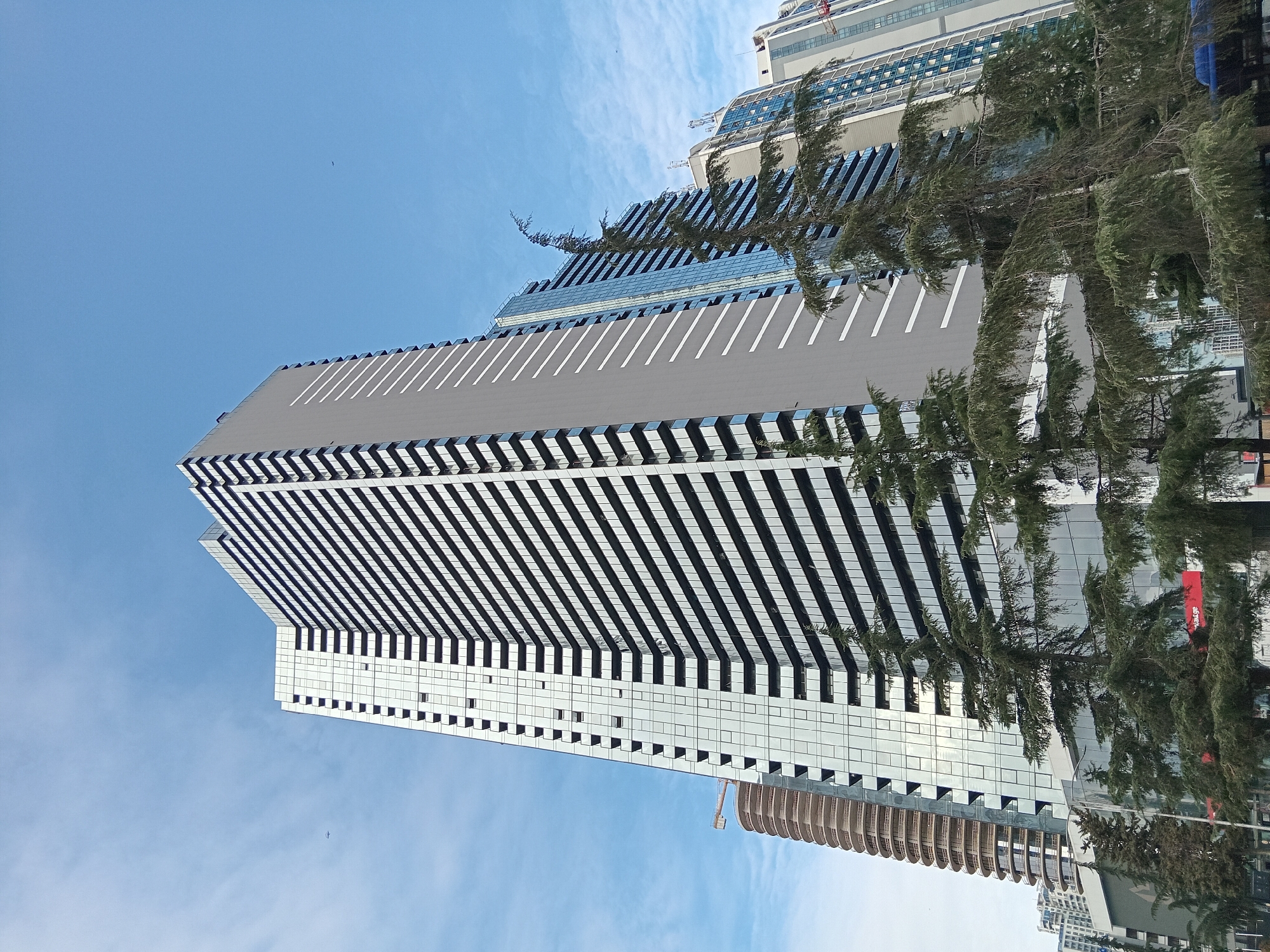 A low-angle shot shows a tall, modern building against a clear blue sky with light clouds. The building features a repetitive pattern of horizontal black and white stripes extending across its façade, with glass sections interspersed. A group of pine trees partially obscures the view of the building, positioned to the right. The building's design includes a setback towards the top, where white diagonal stripes are marked on the gray rooftop. The building's location is Batumi, Georgia.