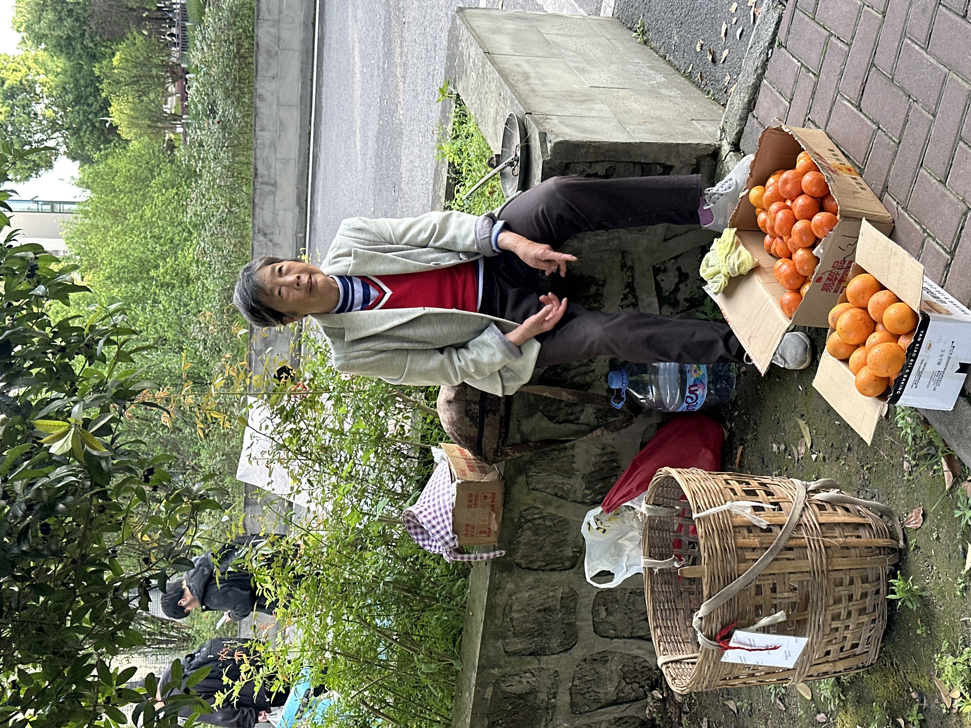 An elderly Asian woman sits outdoors on a concrete ledge. She wears dark pants, a red sweater, and a light gray jacket. Beside her are two cardboard boxes filled with oranges. A woven basket sits on the ground near the boxes. A bottle of water and other belongings are also nearby. A road and greenery are visible in the background. People can be seen walking in the distance. The scene appears to be in Jiangjin, China, based on text visible on one of the boxes, specifically "YAN XIAO BEI & BAKING" and "XIAO BEI" which are likely brand names associated with that region.