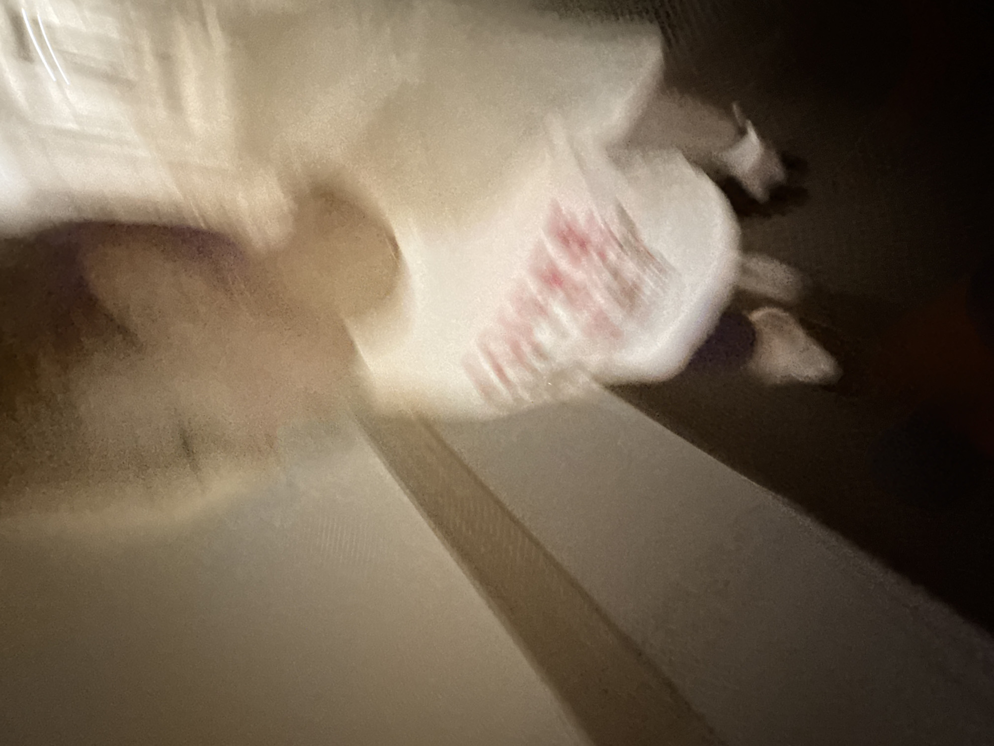 This is a blurred, overhead shot of a person wearing a white shirt with red writing on it, standing on what appears to be a wooden staircase. The person's face is indistinct, but their hair is visible, and they are wearing light-colored shoes. The background is a neutral-toned wall. It's difficult to discern specific details about the person or their actions due to the motion blur. The location in Nesebar, Bulgaria cannot be determined from this image.