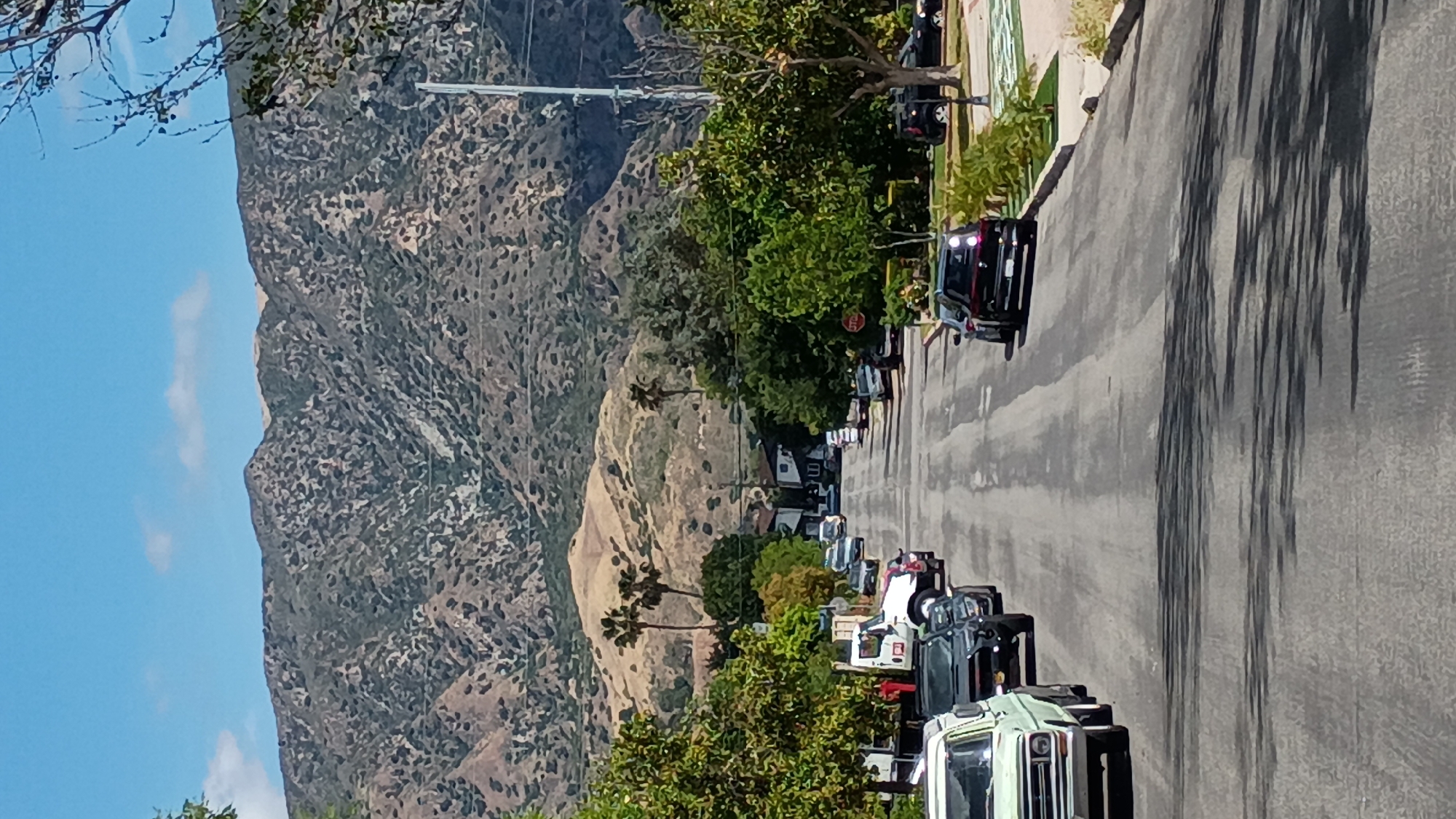 The image depicts a street scene in a Los Angeles residential area, likely near the Hollywood Hills, in the United States. A steep, rugged mountain range fills the left side of the frame, providing a scenic backdrop to the urban environment. The street runs from the bottom to the top of the image, lined with parked cars and trees. The road appears asphalt, marked with prominent tire streaks. The foliage suggests a semi-arid climate with drought-tolerant vegetation. The sky is blue.