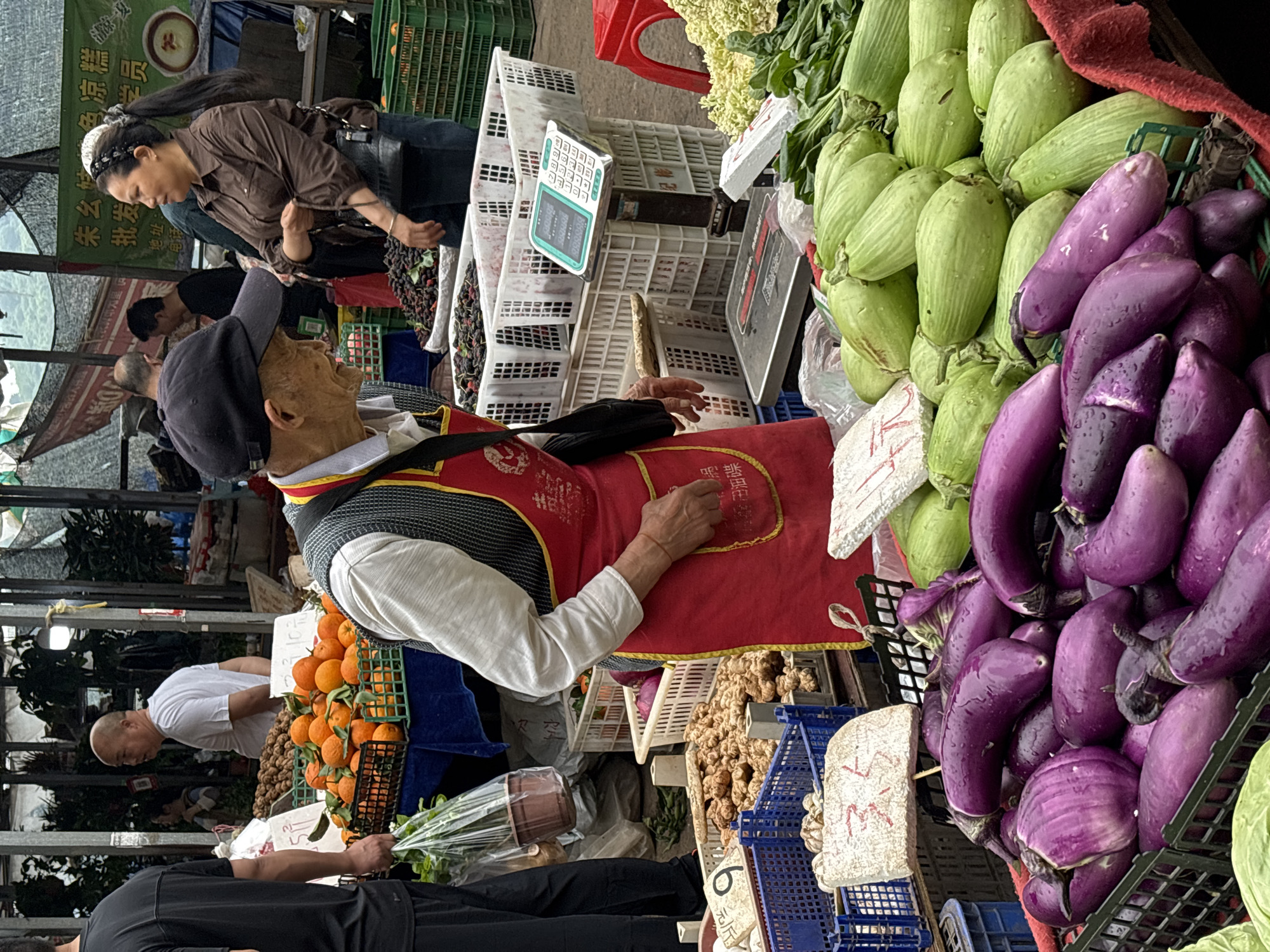 Here is a detailed description of the image:
**Overview:** The image captures a bustling scene at a market in Jiangjin, China. It's an outdoor market with vendors selling fresh produce.
**People:** The image features several people, including vendors and customers.
* An elderly male vendor wearing a cap, a vest, and a red apron is interacting with a customer.
* A woman with long hair is inspecting some berries.
* There are other customers and vendors visible in the background.
**Subjects and Objects:**
* **Produce:** The market is filled with various types of fresh produce, including green vegetables (possibly zucchini or similar), purple eggplants, oranges, scallions and other greens.
* **Scales:** Several electronic scales are present, used for weighing the produce.
* **Containers:** Produce is displayed in plastic baskets and containers.
* There are handwritten price tags posted.
**Actions and Interactions:**
* The elderly male vendor is likely engaged in a transaction with a customer.
* Customers are browsing and inspecting the produce.
**Environment:**
* The market appears to be an outdoor or semi-outdoor setting, possibly under a covered area or canopy.
* The lighting suggests it is daytime.
* The overall impression is of a vibrant and active marketplace.