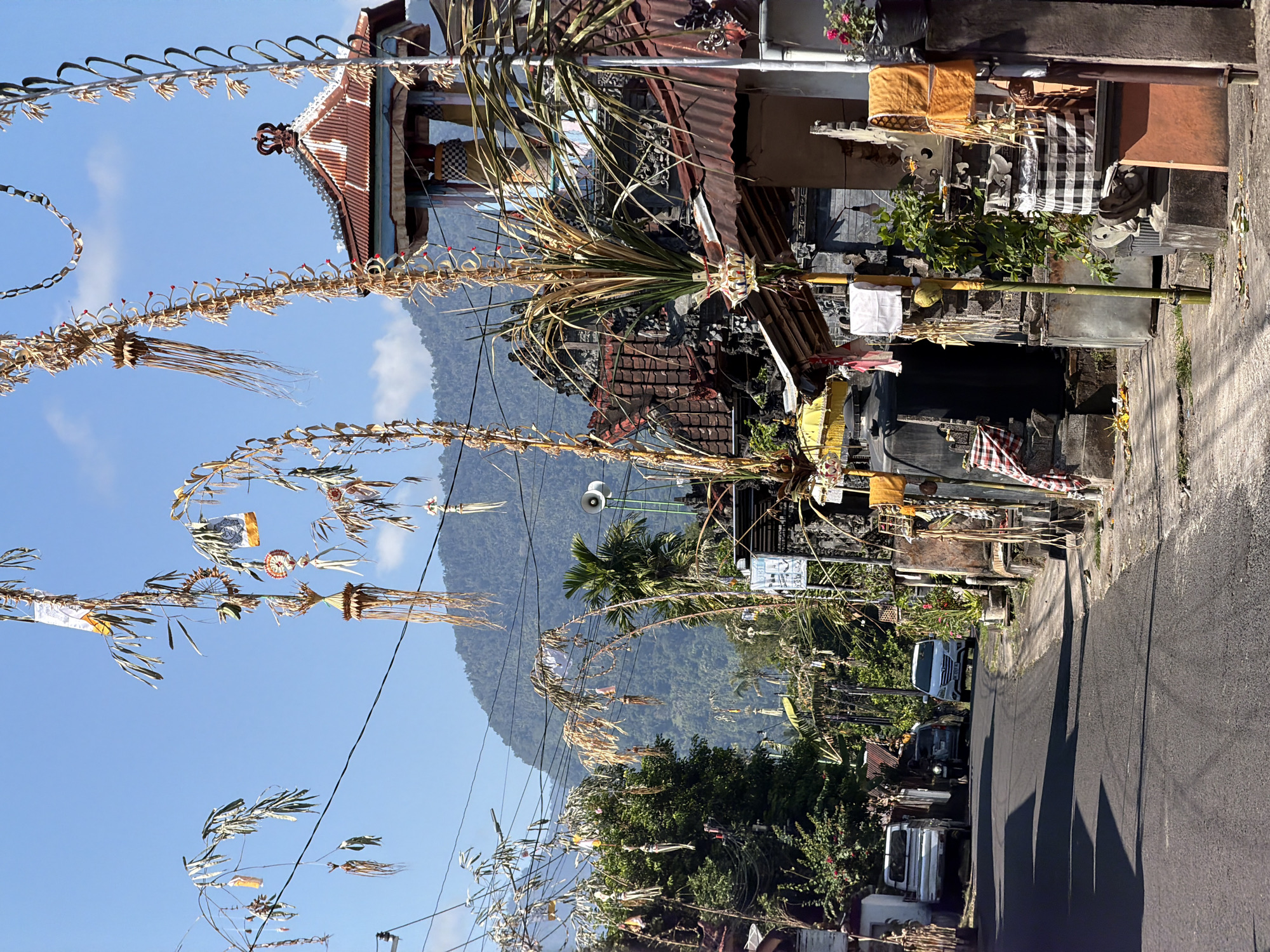 The image shows a street scene in Sawan, Indonesia, with traditional Balinese decorations adorning the roadside. Tall, slender bamboo poles, known as "penjor," are erected on the right side of the street, decorated with woven palm leaves, colorful flags, and small hanging ornaments. These decorations are characteristic of Balinese ceremonies and festivals.
In the foreground, a paved asphalt road runs through the scene, with a sidewalk bordering the right side. Several vehicles are visible on the road, including a white pickup truck parked on the left, a dark-colored motorcycle, and a white SUV further down the road.
The buildings on the right side of the street are traditional Balinese structures with tiled roofs and ornate architectural details. Some of these buildings appear to be temples or religious shrines, given the presence of offerings and decorative elements. One structure has a multi-tiered roof topped with a finial.
The left side of the street features residential buildings and lush green trees. The background is dominated by a lush green mountain, with the sky a clear, bright blue. The overall impression is a vibrant street scene in a tropical environment, infused with cultural and religious significance. The sun is shining brightly, casting shadows on the road.