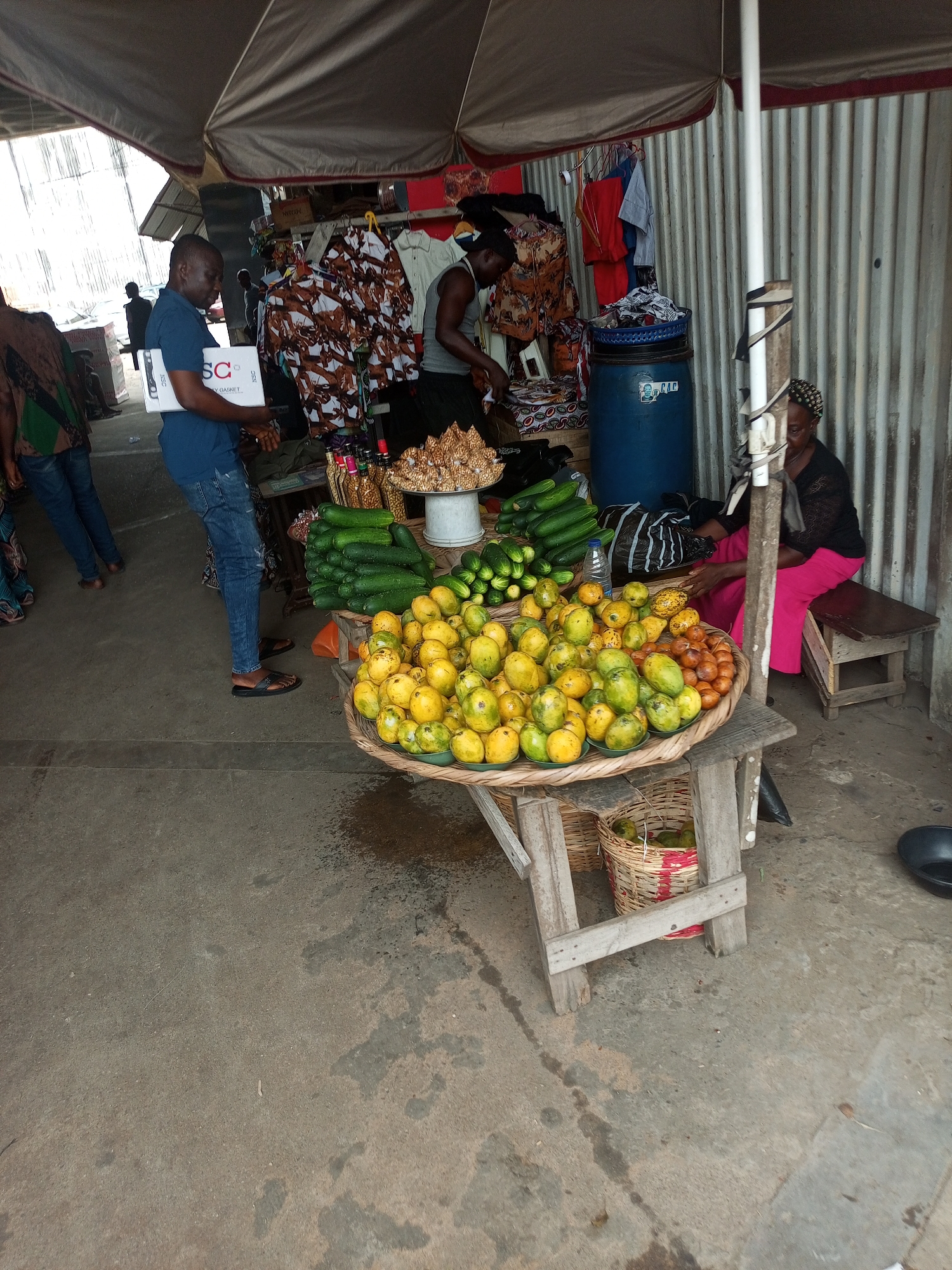 The image depicts an outdoor market stall in Satellite Town, Nigeria, operating under a large, grey awning. A corrugated metal wall forms the backdrop on the right side of the frame.
In the foreground, a prominent display of fresh produce includes a large, round woven basket brimming with yellow and green mangoes, situated on a rustic wooden stand. Adjacent to this, a substantial pile of green cucumbers is arranged on a separate wooden surface. A smaller section within the large fruit display contains orange-brown, spherical fruits, possibly plums or similar produce. Further back, a white stand supports a conical heap of dried snacks or nuts.
Several individuals are present. A man in a blue short-sleeved shirt and blue jeans, wearing sandals, stands near the fruit display, holding a white box horizontally. Visible text on the box includes "SC" and "JOY BASKET." Behind the fruit and vegetable stalls, another person, possibly a vendor, is engaged in arranging goods. To the far right, a woman in a black top and bright pink trousers is seated on a low wooden bench, partially observing the scene. Her head is covered with a patterned scarf. Additional partial figures are visible in the background to the left.
Other notable objects include a large blue plastic barrel, featuring the text "CAC," situated behind the cucumber display. Various clothes hang on racks in the background, indicating another section of the market. A plastic water bottle is visible near the produce. The ground is a concrete surface, appearing damp in several areas, suggesting splashes or recent cleaning. The scene captures a bustling daytime market environment with various goods on display and people engaged in commercial activity.