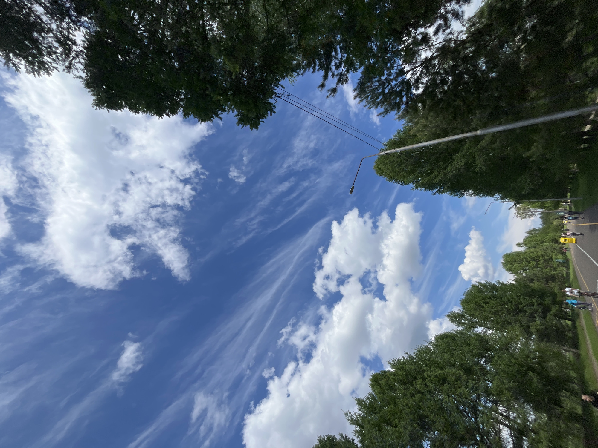 The image captures a view looking upwards in a public park. A clear blue sky with streaky cirrus clouds and some cumulus clouds is partially framed by green tree canopies on either side. A lamppost and electrical wires are visible against the sky. On the right side, a road with cyclists, pedestrians, and a yellow vehicle can be seen in the background. Based on the type of park and the vehicles in the road, this looks like it could be taken somewhere in the city of Krasnoyarsk in Russia.