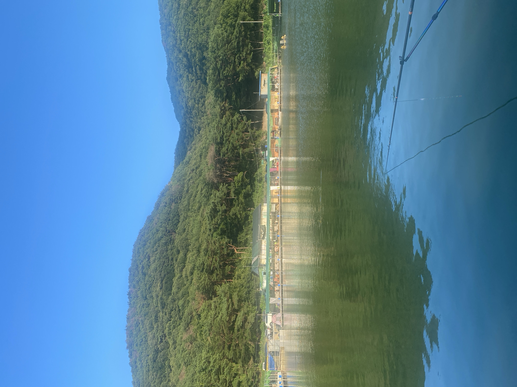 This vertical, medium shot photograph captures a serene lakeside scene under a clear blue sky. In the background, lush green mountains dominate the landscape, densely covered with trees. Along the water's edge, a long, low-lying building with a green roof is visible, appearing to be a structure with multiple sections. In front of this building, a floating platform or dock extends into the water, lined with numerous fishing rods. Several individuals can be seen on the platform, presumably fishing. The water in the foreground is a tranquil green, reflecting the trees and the sky. A fishing rod is prominently featured in the lower right quadrant of the image, extending diagonally across the frame and into the water. In the mid-ground, a few yellow floating objects or buoys are visible in the water, and two figures wearing yellow vests are present, possibly engaged in water activities or assisting with fishing. The scene suggests a fishing resort or a popular spot for recreational fishing. The location is identified as a fishing spot in Yangsan-si, South Korea, likely near a reservoir or a large pond surrounded by mountains.
