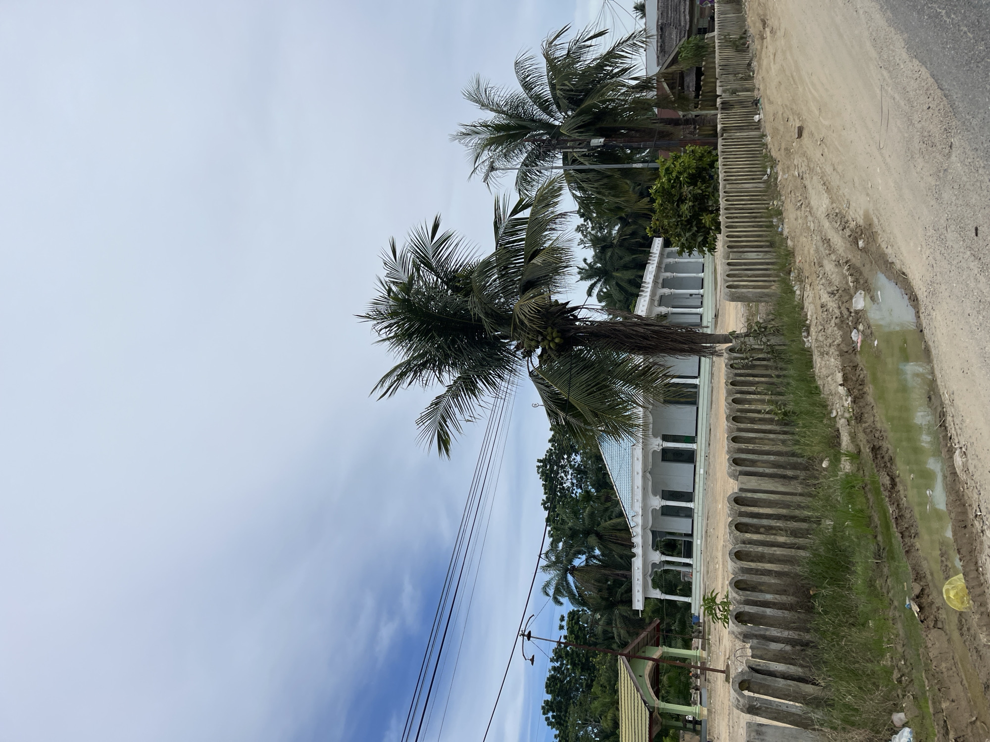 The image shows a street scene in Seunebobaru, Indonesia, with a white building featuring a blue roof and arched colonnades in the background. Two palm trees are prominent in the foreground, with one taller than the other. A concrete fence with arched elements separates the street from the building. The street itself is unpaved dirt with some puddles of murky water and scattered debris, including plastic bottles. A small green structure with a yellow roof is visible to the left of the white building. Overhead power lines run across the upper portion of the image. The sky is partly cloudy.