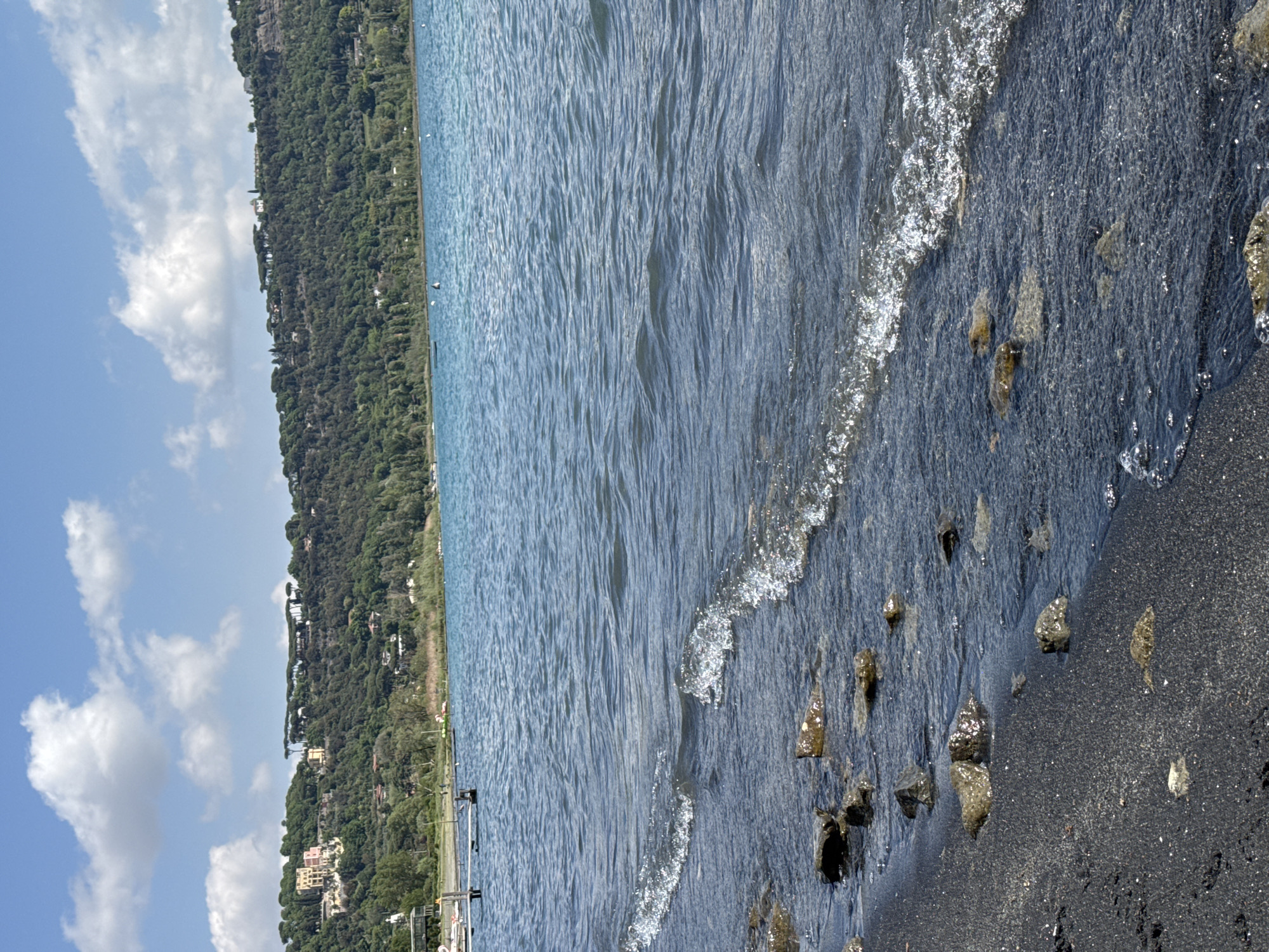 The portrait-oriented image captures a serene lakeside scene under bright daylight. In the foreground, a dark, sandy or pebbly shoreline is visible, wet from the water and interspersed with various small rocks. Gentle waves break on the shore, creating frothy white foam that contrasts with the dark ground.
The main subject is a calm body of water, likely a lake, which fills the mid-ground. Its surface is characterized by numerous ripples and small waves, reflecting a blue-grey hue. A few small white buoys or markers are scattered across the water in the distance. Towards the left edge of the frame, a small wooden pier or dock structure extends into the water from the shore.
Across the lake, a densely forested hillside rises, covered in lush green Mediterranean vegetation. Several buildings, including houses and villas, are nestled among the trees, suggesting a residential area along the lake's edge.
Above the hillside and the lake, the sky is a bright, clear blue, adorned with scattered fluffy white cumulus clouds. The weather appears sunny and pleasant. There are no people or discernible activities taking place, and no visible text. The dark, potentially volcanic sand and the verdant hills are consistent with the known landscape of Castel Gandolfo, Italy, on Lake Albano.