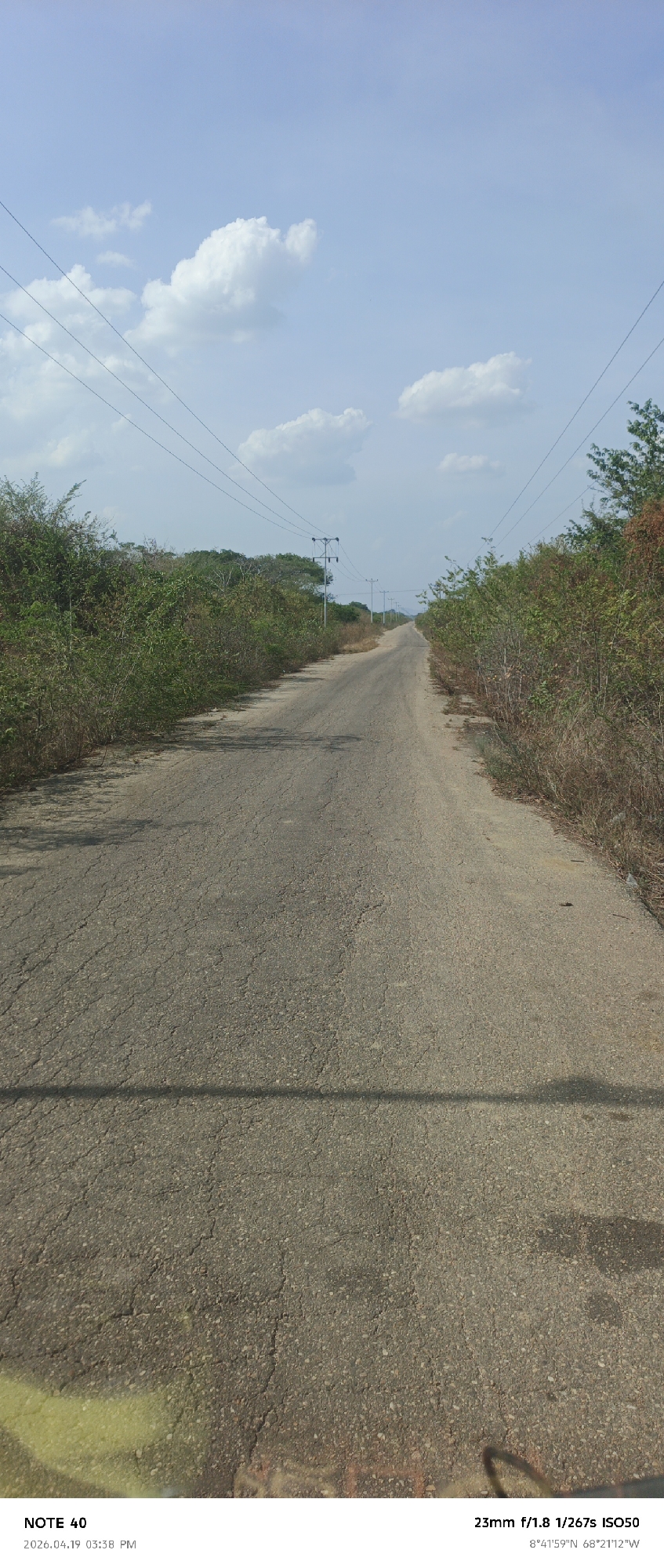 The image depicts a cracked asphalt road stretching into the distance under a partly cloudy, pale blue sky. The road is flanked on either side by scrubby vegetation, with trees visible further away. Utility poles and power lines run along the roadside. The photograph was taken near El Baúl, Cojedes, Venezuela, as indicated by the GPS coordinates 8°41'59"N 68°21'12"W embedded in the image. The image data at the bottom indicates it was captured with a 23mm lens at f/1.8, 1/267s exposure, and ISO50. The date and time stamp is 2026.04.19 03:38 PM.