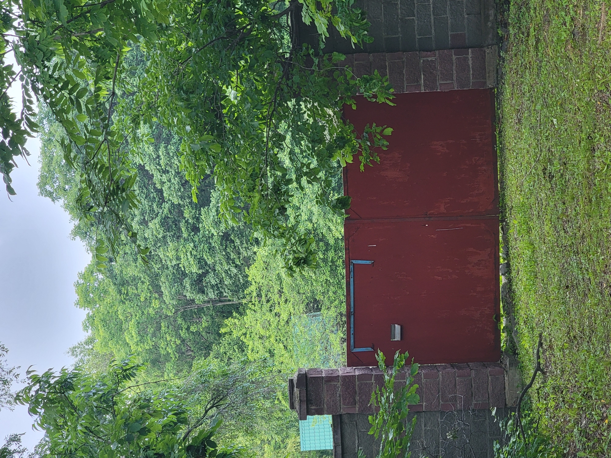 An overcast, slightly hazy daytime scene depicts a pair of large, weathered red metal gates. The gates are set within a low, rough-hewn stone wall, punctuated by a decorative brick pillar on the left. The wall appears to be made of dark grey stone blocks. The pillar is constructed of reddish-brown bricks. Lush green trees and foliage dominate the background, with a dense forest visible beyond the gates. The ground in front of the gates is covered with grass and fallen leaves, with a few twigs scattered about. A small, silver mailbox is attached to the left gate, near the pillar. In the distance, behind the wall and to the left of the gates, a portion of a building with a teal-colored, tiled roof is visible. The overall impression is one of a slightly overgrown, somewhat rustic entrance to a property, possibly in a more rural or wooded area within or on the outskirts of Vladivostok, Russia.