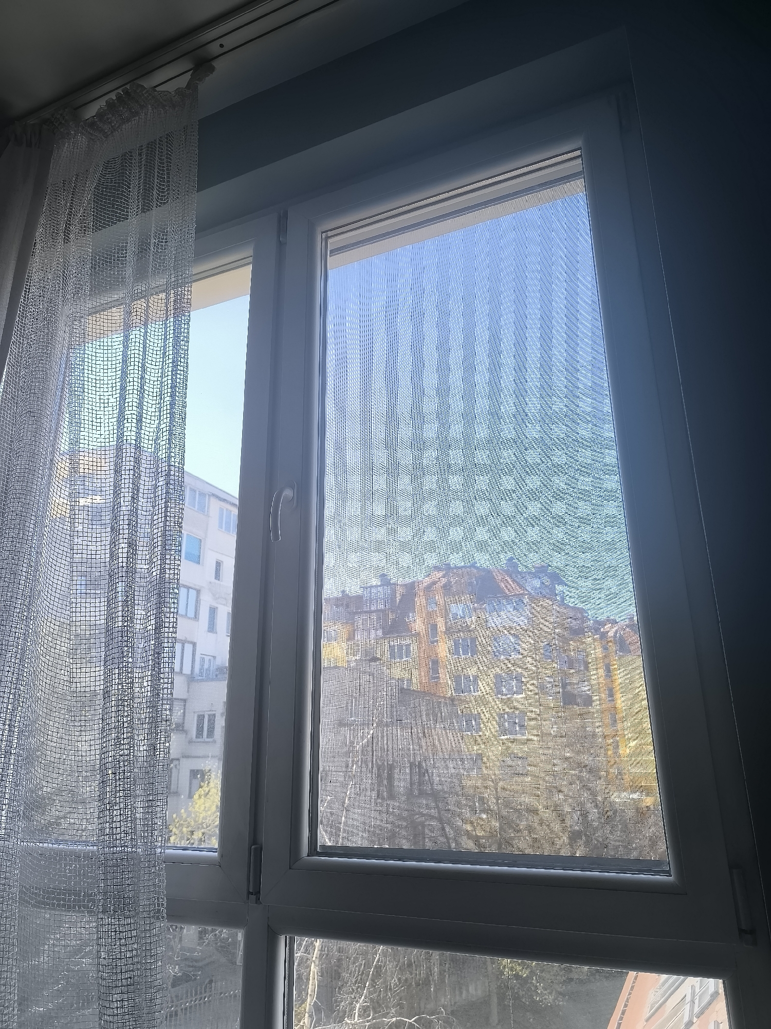 The image captures an indoor perspective looking out through a window. A white, multi-pane PVC window frame dominates the view. On the left, a sheer, light-colored net curtain hangs from a curtain rod, partially obscuring the left side of the window. A fine mesh screen is visible across the entire window pane, creating a distinct grid pattern over the outdoor scene.
Beyond the window, several multi-story residential buildings are visible under a bright, clear sky. To the left, a light-colored building with numerous windows is partially visible behind the curtain. In the center-right, a prominent yellow or orange building with many windows stands out, its facade reflecting the daylight. Bare trees or bushes are scattered in the foreground and between the buildings, suggesting a late autumn or winter season.
The scene is illuminated by bright daylight, with sunlight clearly hitting the exterior buildings. The interior of the room, particularly the top and right side, appears to be in shadow, contrasting with the bright outdoor view. No people are visible, and there is no discernible text. The architecture of the buildings aligns with residential urban areas, consistent with the location context of Sofia, Bulgaria. The overall impression is one of a quiet, everyday urban scene viewed from a window.