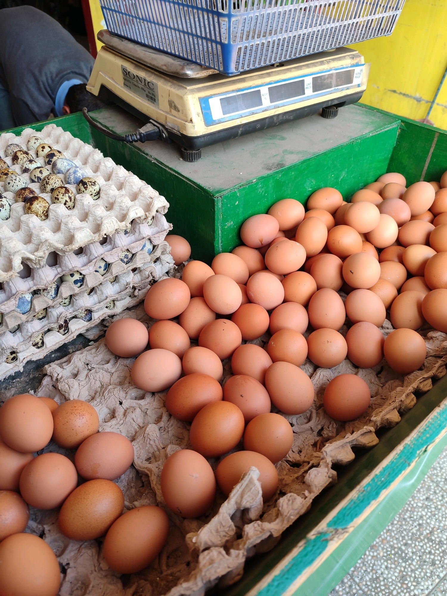 In the city of Garut, Indonesia, at a market stall, a person is seen bending over a dusty yellow and blue electronic scale. The scale is positioned on top of a green wooden crate, and above it is a blue plastic basket. The crate is filled with numerous brown chicken eggs, some of which are arranged in cardboard egg cartons. To the left of the chicken eggs, stacked in lighter colored cardboard cartons, are smaller speckled quail eggs, some with blueish coloration. The market stall appears to be outdoors, with a yellow wall visible in the background.
