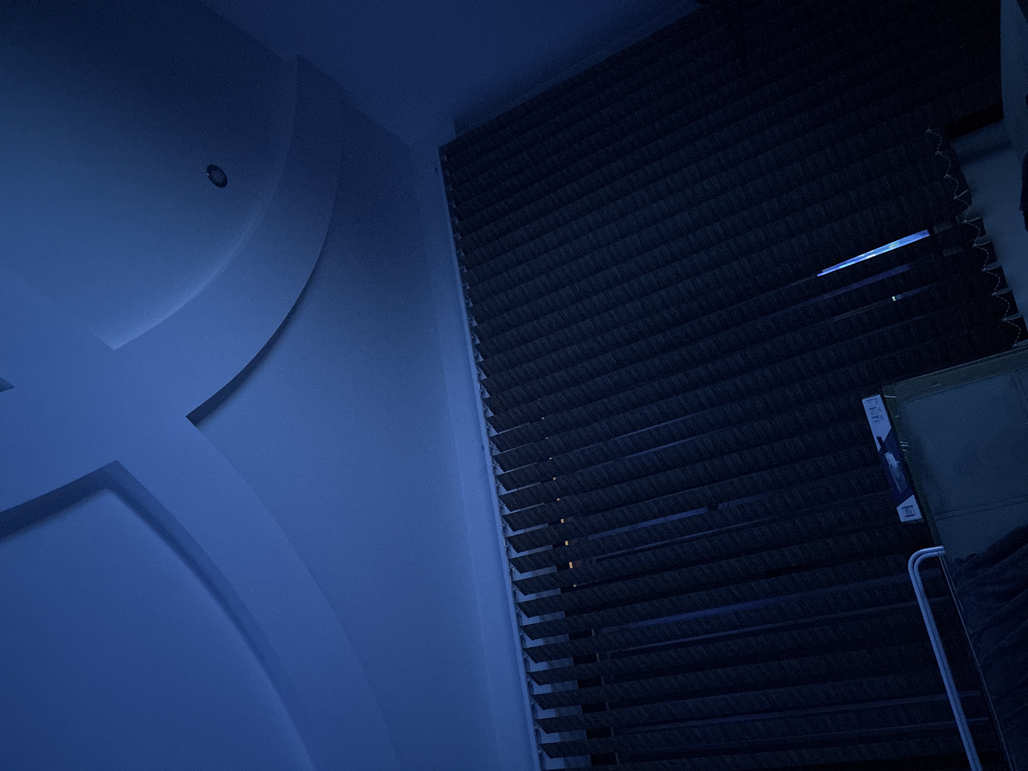 The image depicts a corner of a room featuring a modern ceiling design with concentric curves and a recessed spotlight. Adjacent to the ceiling is a wall covered in dark, horizontally-ridged soundproofing panels. Partially visible to the right are elements of a room setup, including what appears to be a metal frame or stand and possibly a cabinet or large storage unit. The overall lighting is subdued, casting a blue hue over the scene. There is no information present in the image to ascertain that this image was taken in the city of Lovech, Bulgaria.
