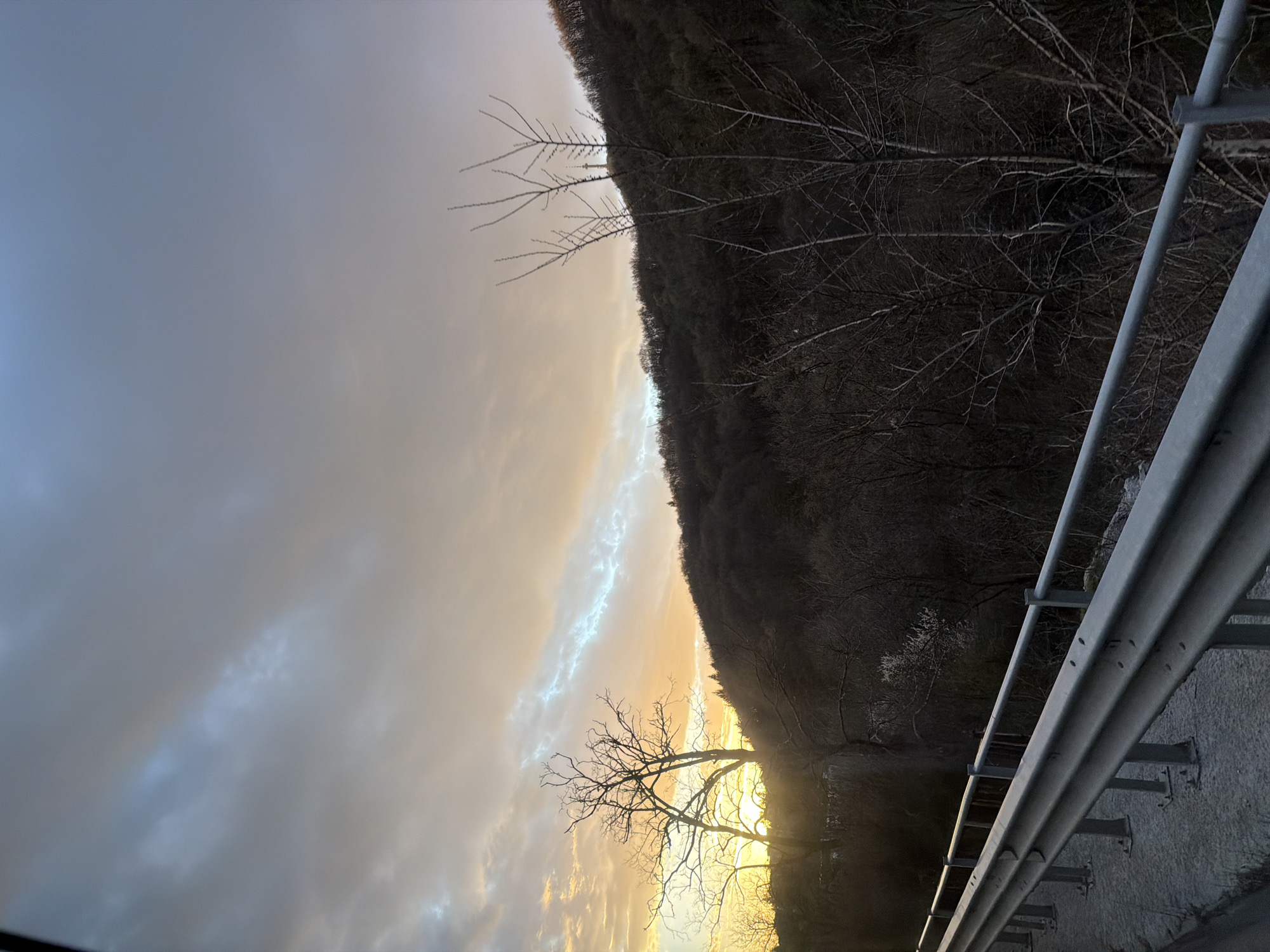 The image depicts a landscape at dusk or dawn, viewed from what appears to be a roadside. A metal guardrail runs along the right side of the frame. Beyond the guardrail, a forested hillside is visible, with leafless trees silhouetted against the sky. The sky is partly cloudy, with a band of golden light breaking through the clouds near the horizon.
There is no information to place the location of this image in the city of Sofia, Bulgaria. There are no people, actions, or interactions visible in the image.