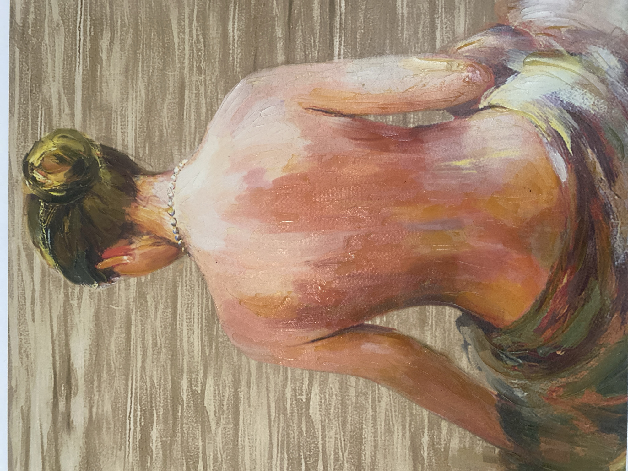 A close-up image of a painting or artwork depicting the back and shoulder area of a person, presumably a woman. The person has their head bent forward and to the left, with their hair gathered in a bun at the back of their head. A string of beads or pearls adorns the back of their neck. The skin appears reddish-pink, highlighted with touches of yellow and white to depict light and shadow. The right side of the person is partially draped with a cloth or garment featuring various shades of green, white, and brown. The background is painted with vertical strokes of light brown and beige, creating a wood-like texture. The image gives the impression of an artistic representation of the human form, focusing on the interplay of light, color, and texture. There is no indication of the city of Giginyu, Nigeria, in the image.