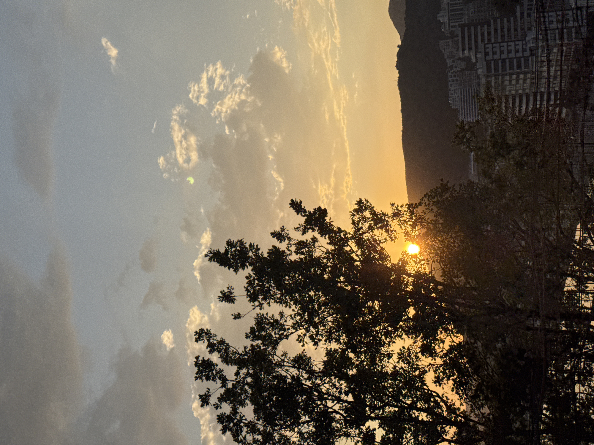 The image depicts a sunset in Rafailovići, Montenegro. The sun is setting behind a silhouette of a tree. A mountain is also visible in the background. There are some buildings and some clouds also in the image.