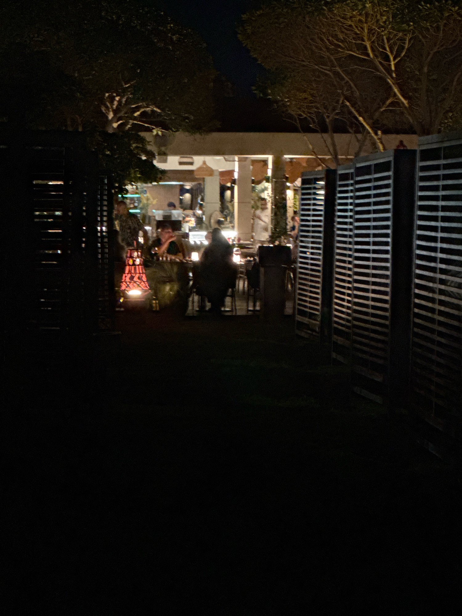 The image depicts an outdoor seating area at night, likely a restaurant or bar, in Agios Tychona Community, Cyprus. Several individuals are seated at tables, with some appearing to be conversing. A tall, decorative lantern with red and orange glowing elements is situated near a group of people. The background shows trees and a building with outdoor lighting. The foreground is dark, obscuring much of the immediate surroundings. The scene is illuminated by artificial lights, creating shadows and highlighting certain elements.