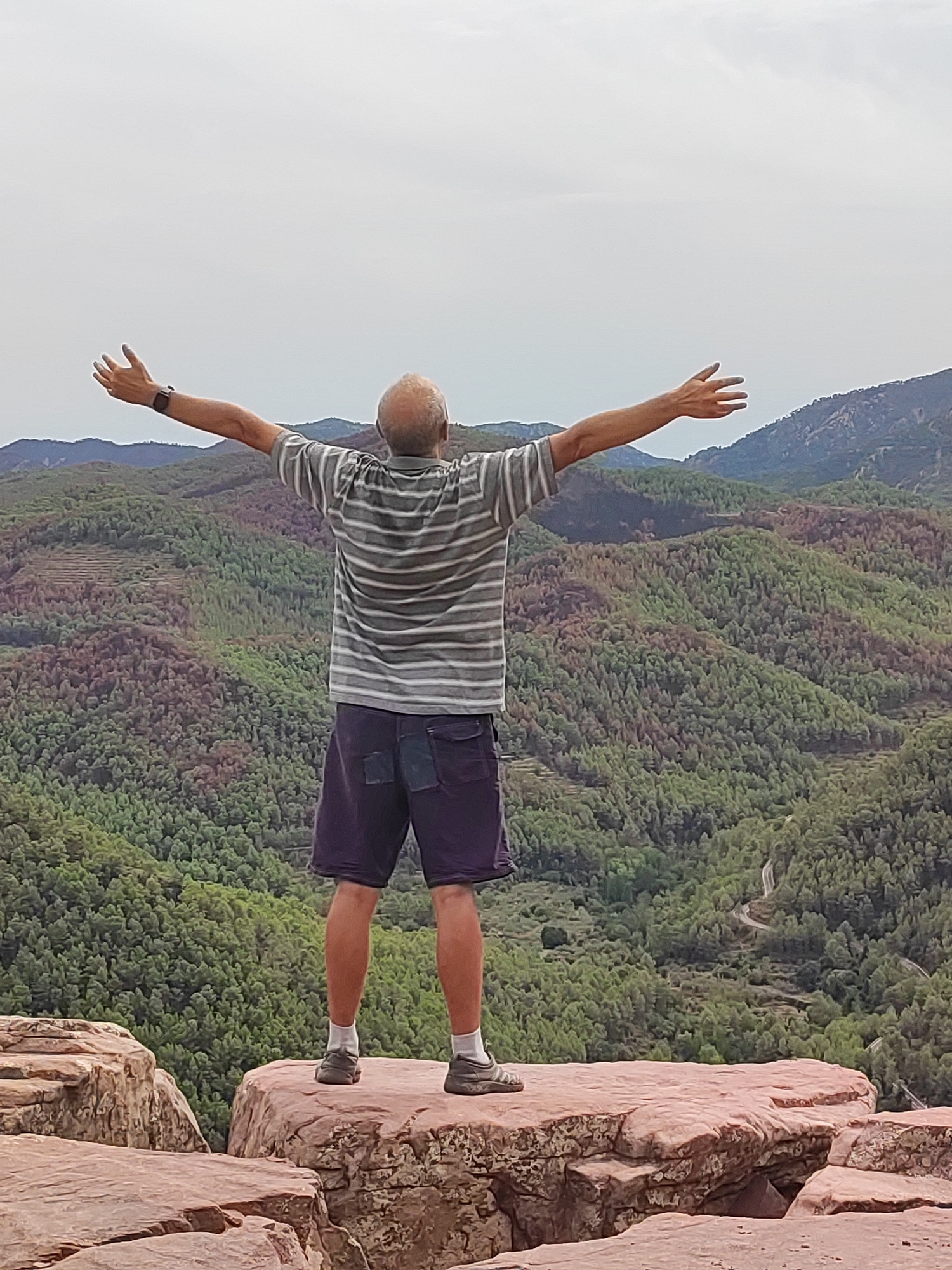 A man stands on a rocky outcrop with his arms outstretched, facing away from the camera, towards a verdant valley in Alcudia de Veo, Spain. He is wearing a striped t-shirt and shorts. The landscape behind him is characterized by rolling hills covered in dense green trees, with a winding road visible in the distance. The sky is overcast and pale. The rock he stands on is reddish-brown and textured.