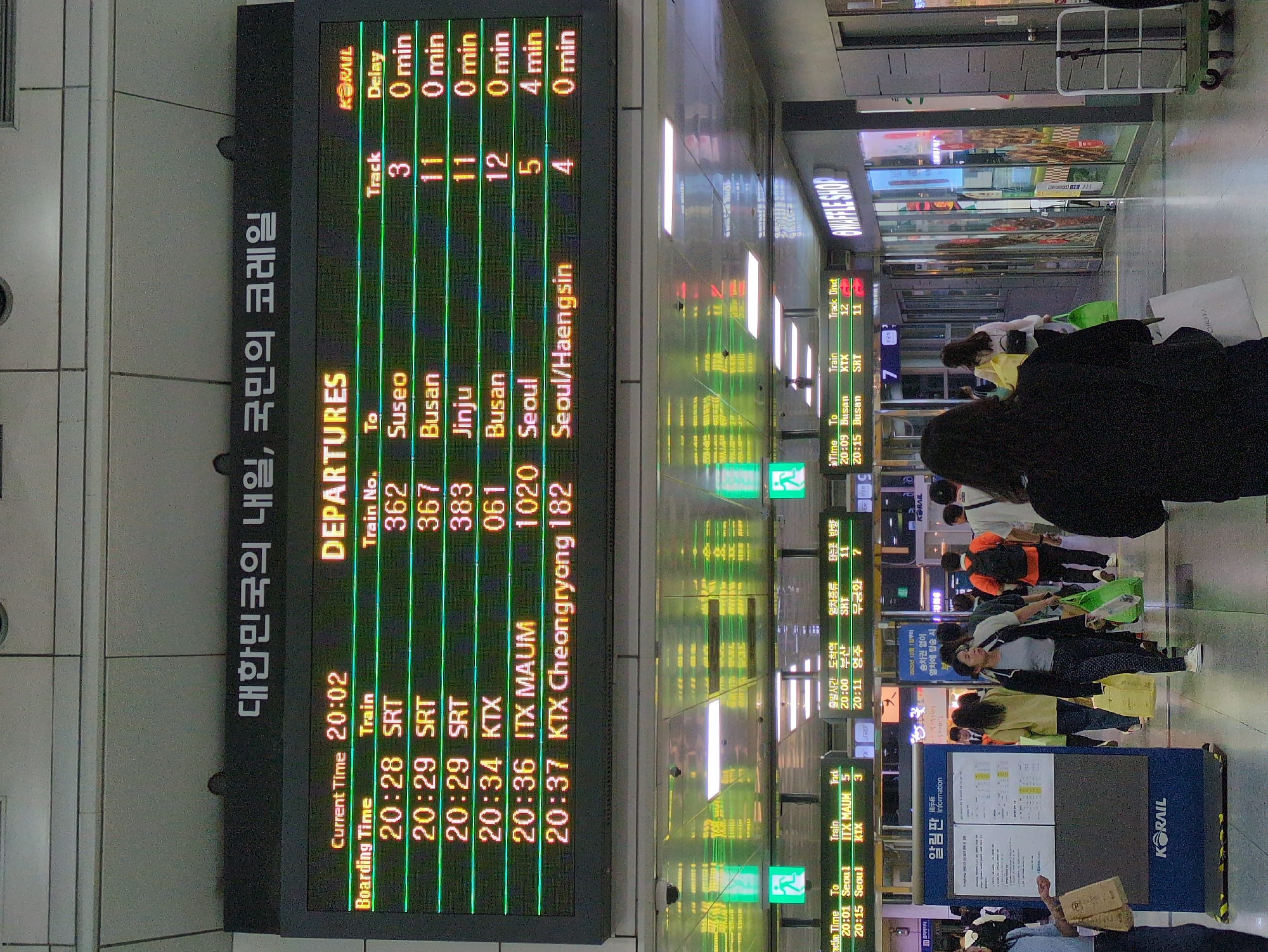 The image shows a train station departure board in South Korea. The board displays information about upcoming train departures, including the boarding time, train type (SRT, KTX, ITX MAUM), train number, destination, track number, and any delays. The current time displayed on the board is 20:02.
Several people are in the station, waiting for their trains. Some are standing, while others are sitting or lying down. A person in a black shirt blocks the view of the bottom right of the screen. There are signs for the "BWAFFLE SHOP" and departure information displayed on vertical signs.