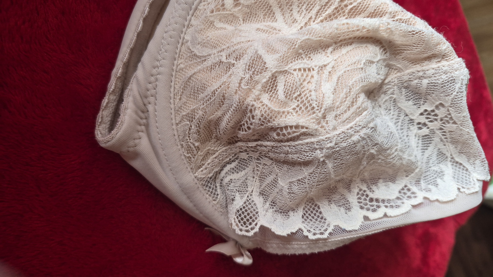 A close-up, high-angle shot shows a beige lace bra cup with a pink bow on a fuzzy red surface. The bra is made of delicate, intricate lace that covers the cup. The edge of the bra cup is visible at the bottom and right sides of the frame, showing stitching. A small pink bow is attached to the right side of the bra near the edge. The background is a textured, deep red fabric that appears to be velvet or a similar material. The lighting is soft, creating subtle shadows and highlighting the texture of the lace and the fuzziness of the background.