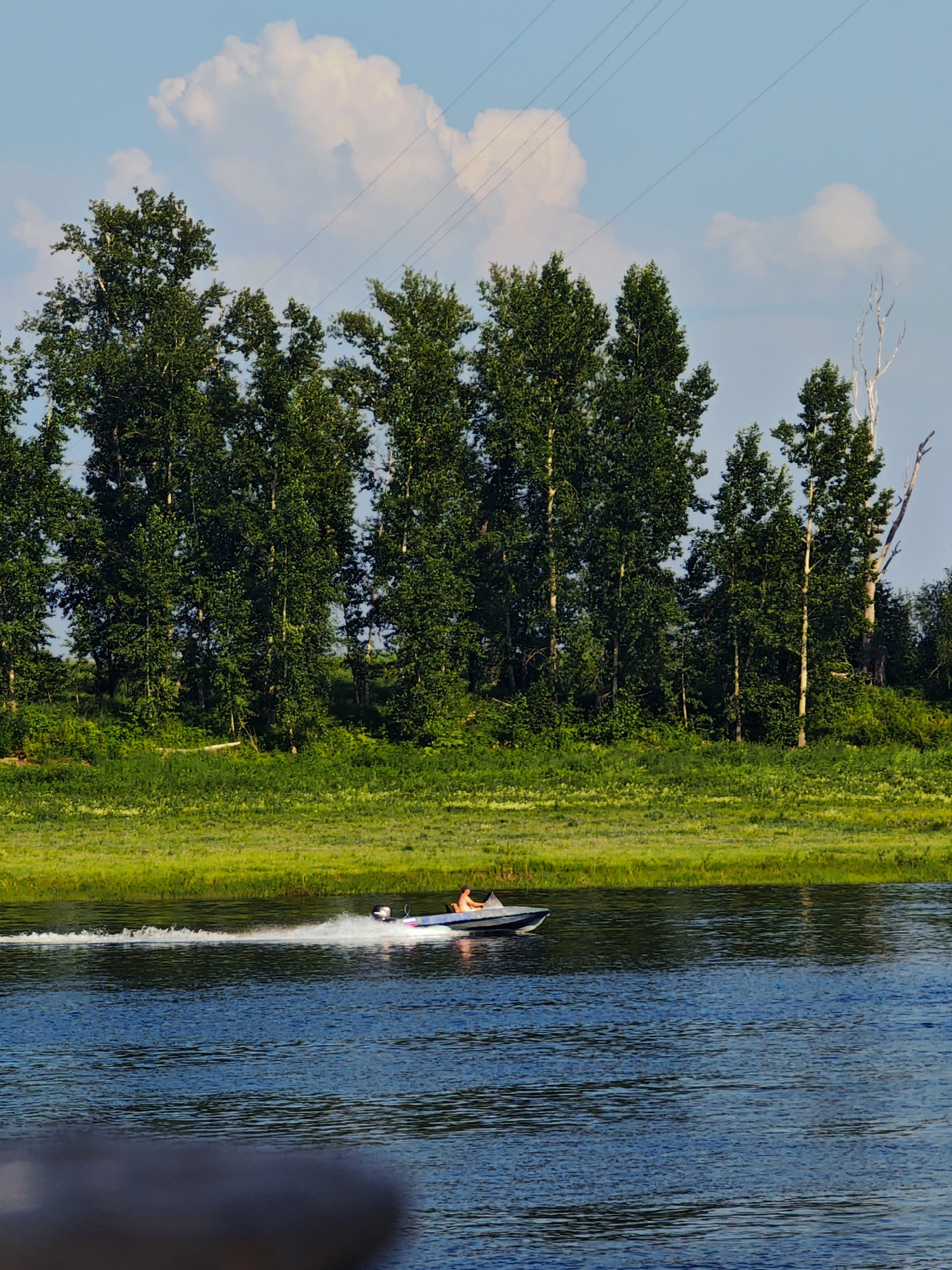 A motorboat is traveling at speed across a blue body of water, leaving a white wake. The boat is small and appears to have at least one person on board, a figure in an orange shirt is visible. The boat is moving from left to right in the frame. Behind the water is a grassy embankment, and beyond that, a dense line of tall green trees. The sky above is blue with scattered white clouds, and power lines are visible in the upper portion of the image. The scene suggests a natural, possibly rural setting.