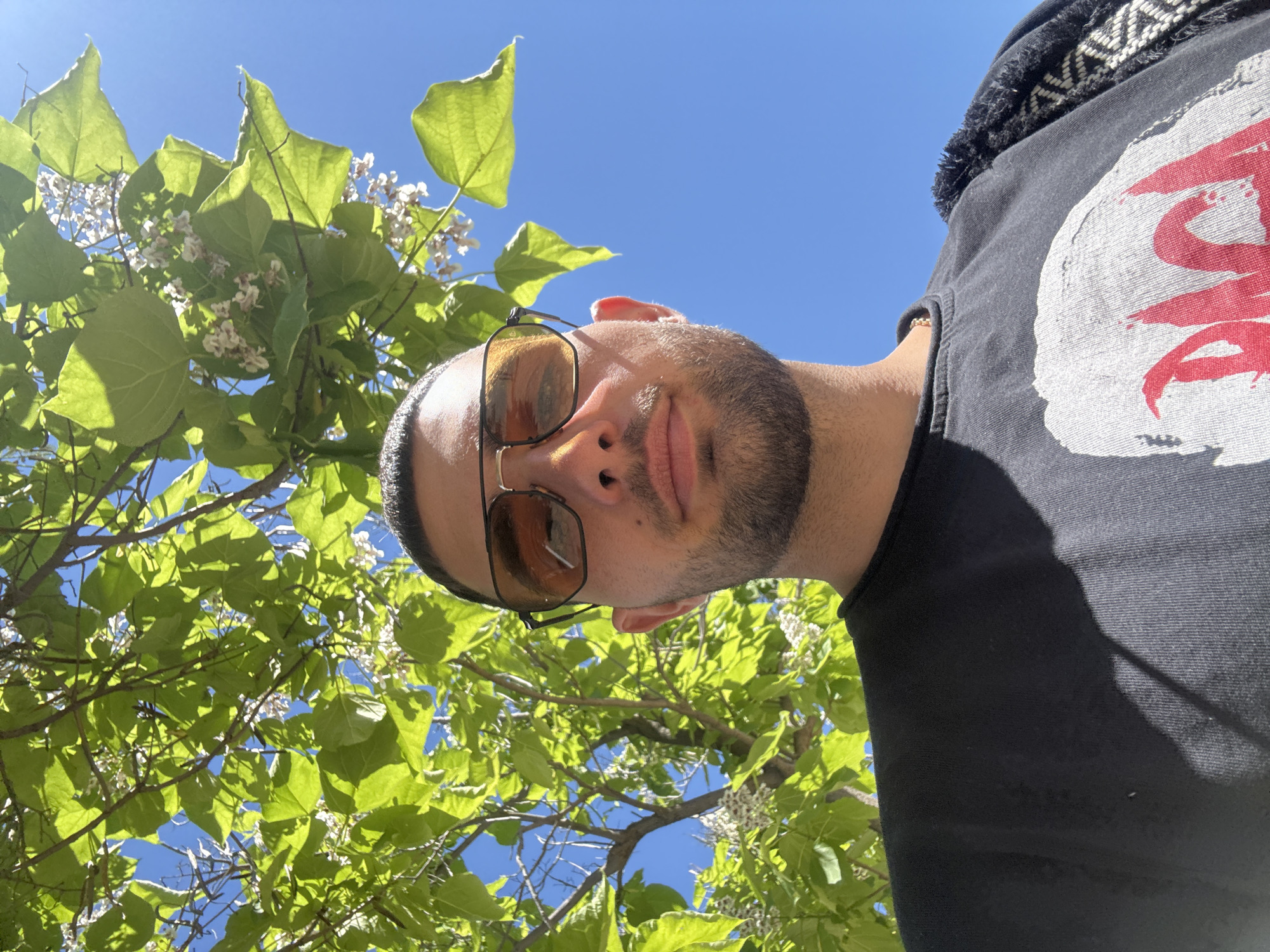 A young man with short dark hair, a beard, and sunglasses is looking up at the camera. He is wearing a black t-shirt with a red graphic design on it. The background consists of green leaves and white flowers from a tree, and a bright blue sky. The man is positioned in the foreground, with the tree and sky filling the rest of the frame. The lighting suggests it is daytime and sunny. The image appears to be a selfie taken outdoors. The location is the city of Nesebar, Bulgaria.